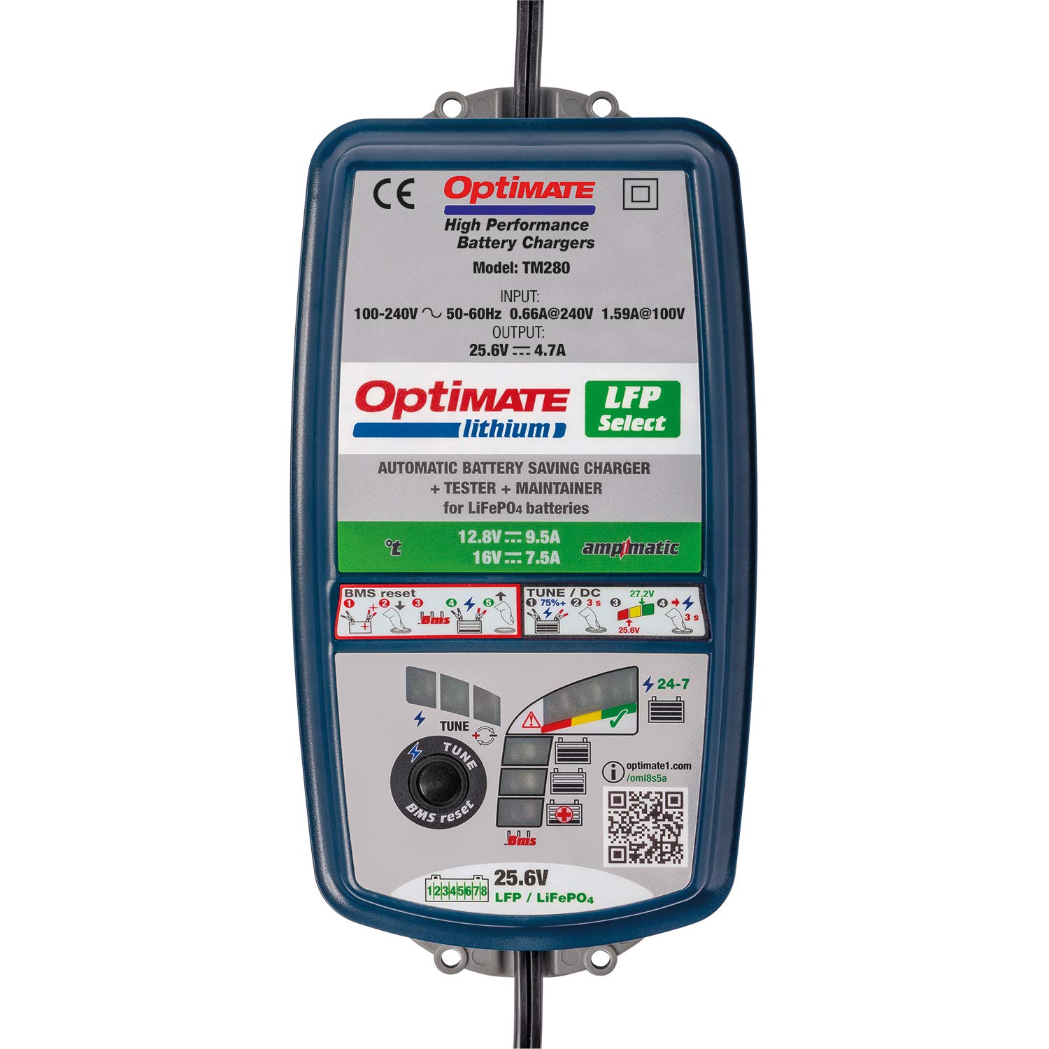 OptiMate Lithium 8s 5A 24V Caricatore Professionale LiFePO4 LFP 25,6V 26,4V con Mantenimento – Programma Automatico 10 Fasi SafeT-start Modalità Tune – Robusto Resistente