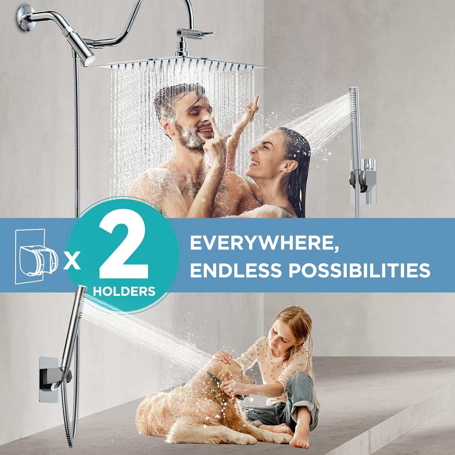 All Metal Dual Shower Heads Combo with Curved Extension Arm, 10" Rain Shower Head with Handheld Spray, Square Adjustable Rainfall Showerhead System, 71" Extra Long Shower Hose, Chrome