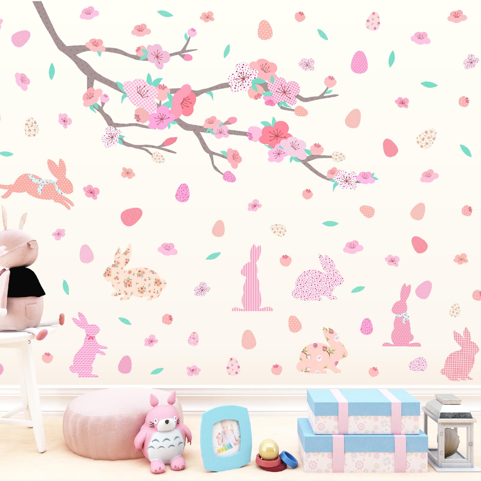 Easter Bunny Wall Decals Easter Egg Wall Stickers Spring Cherry Flower Tree Branch Wall Stickers Pink Floral Blossom Wall Decals Colorful Easter Wall Decals Easter Window Decorations