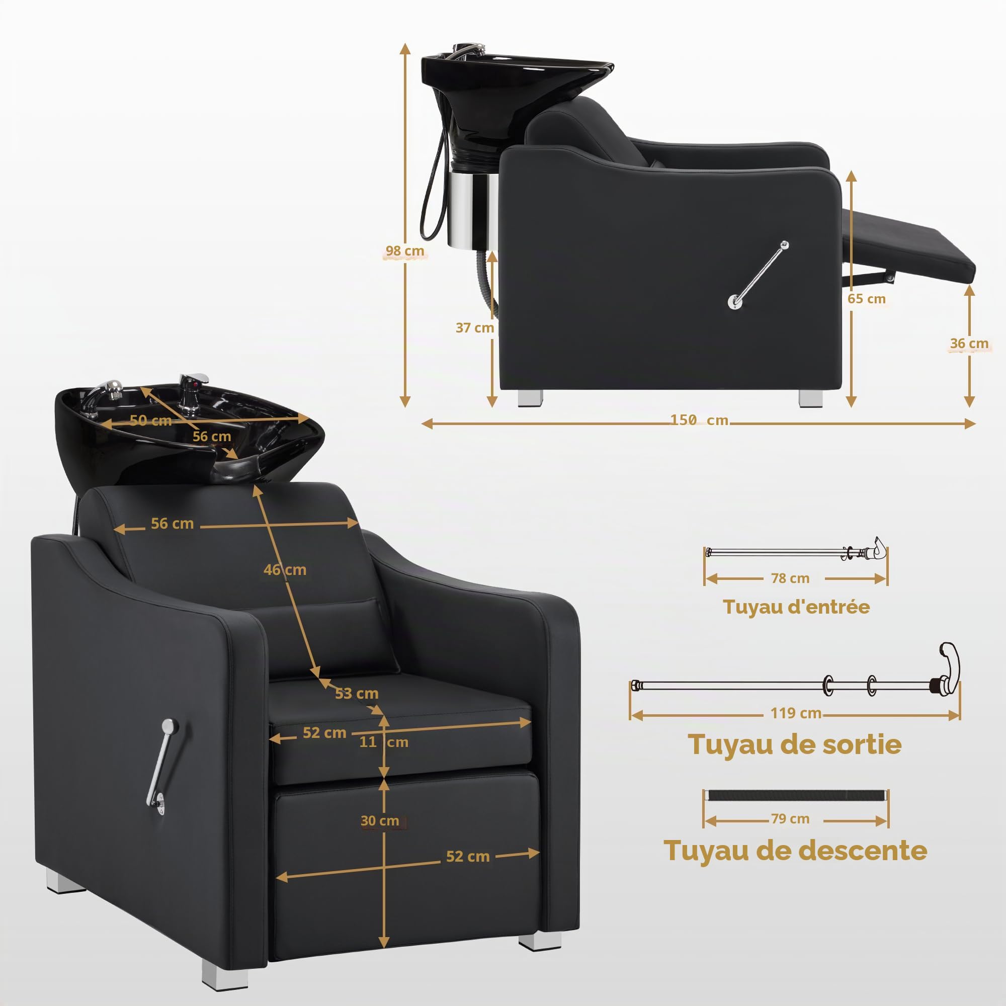 Barberpub Fauteuil de Coiffeur avec lavabo, Repose-Pieds Pliable, lavabo réglable en céramique, pour Salon de Spa, Coiffeur, Salle de Bain 8675 (Noir)