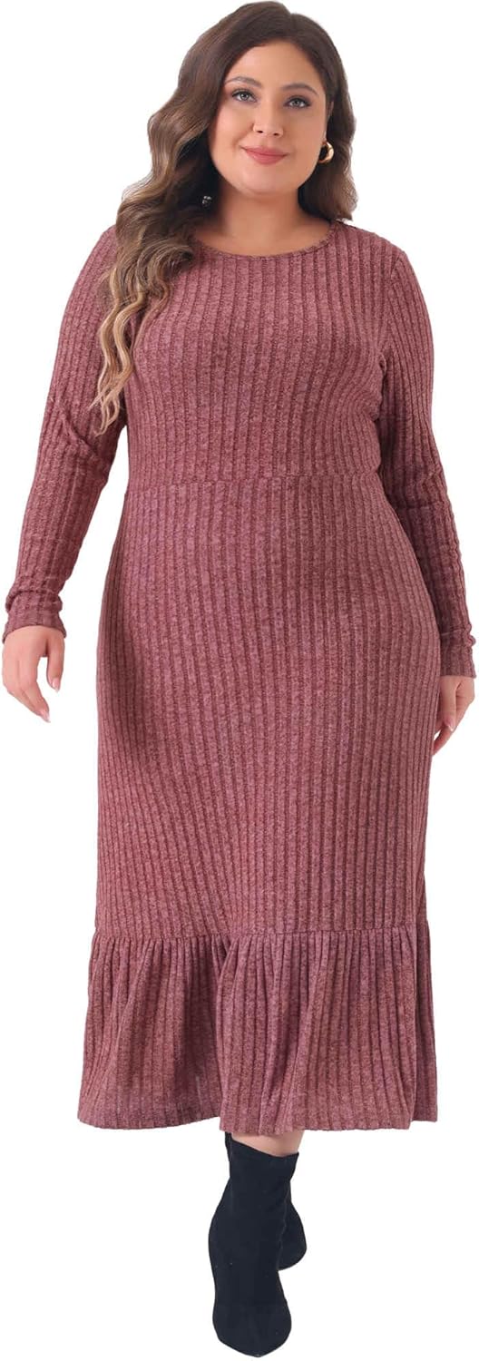 Agnes Orinda Plus Size Dress for Women Ribbed Knit Long Sleeve Crew Neck Ruffled Hem Midi Dresses - Image 3