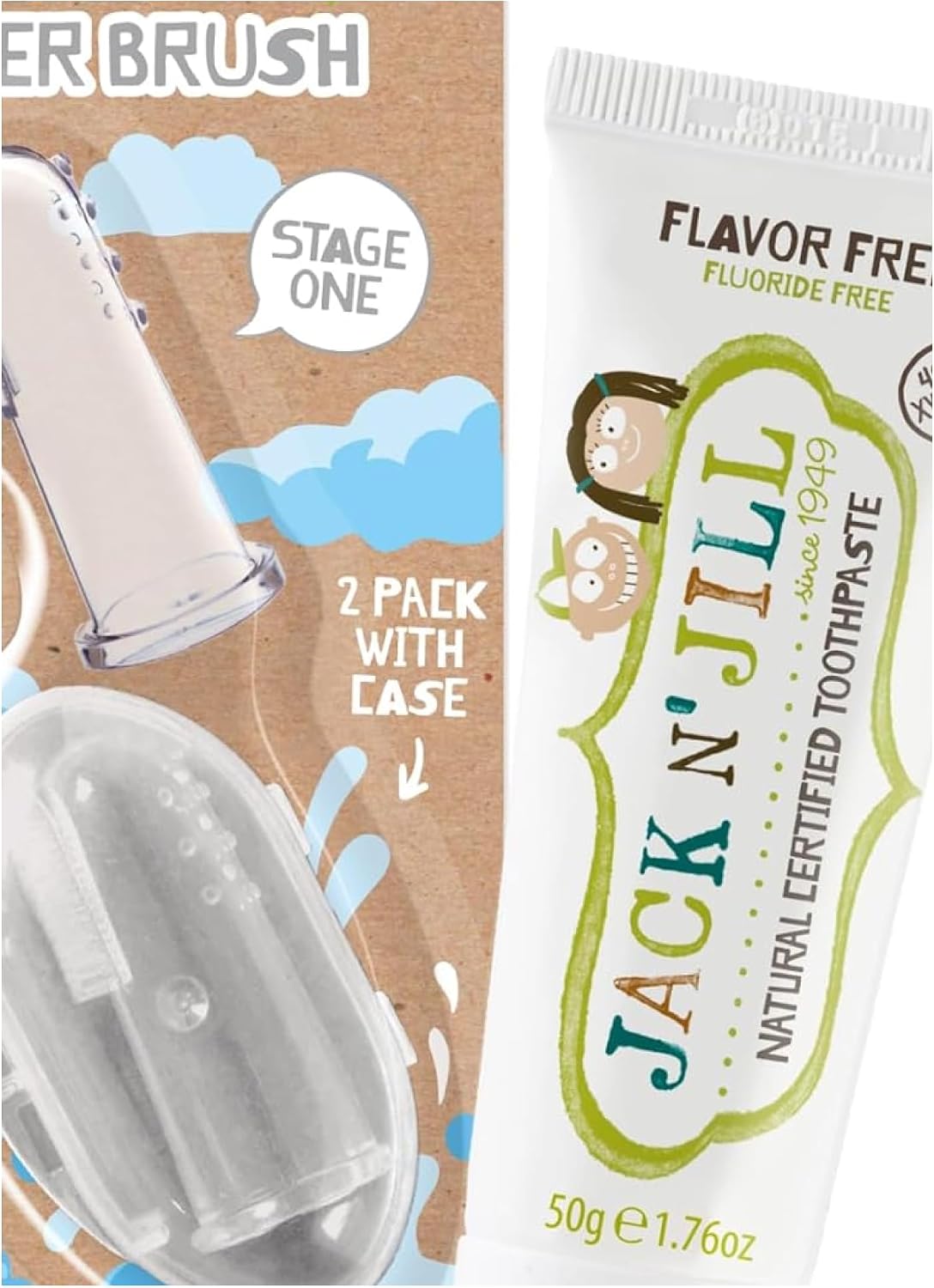 Jack N' Jill Stage 1 Silicone Finger Toothbrush + Natural Toothpaste for Babies & Toddlers - Flavor Free, Baby Toothbrush 6-12 Months, Infant Oral Care - Two Brushes Plus Case, 1.76 fl oz Toothpaste