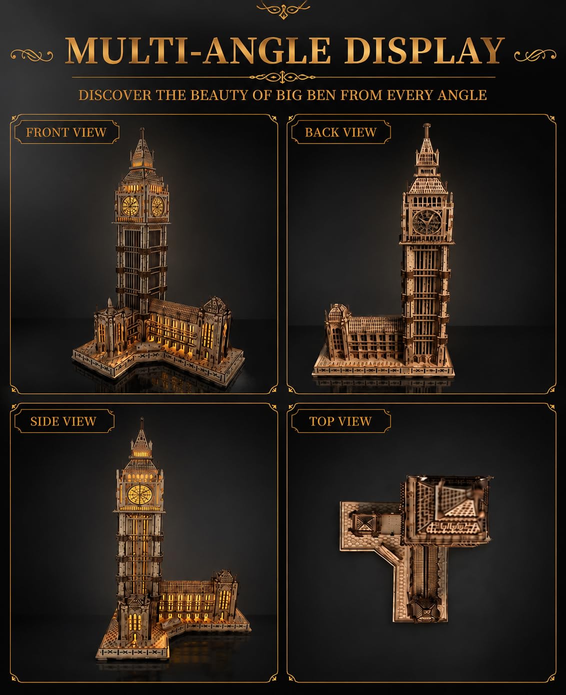 3D Holzpuzzle für Erwachsene, Big Ben Architekturmodell mit LED | Detailreiches Wahrzeichen Londons, warme LED-Beleuchtung, 595 Bauteile, dekoratives Holzmodell, Geschenkidee