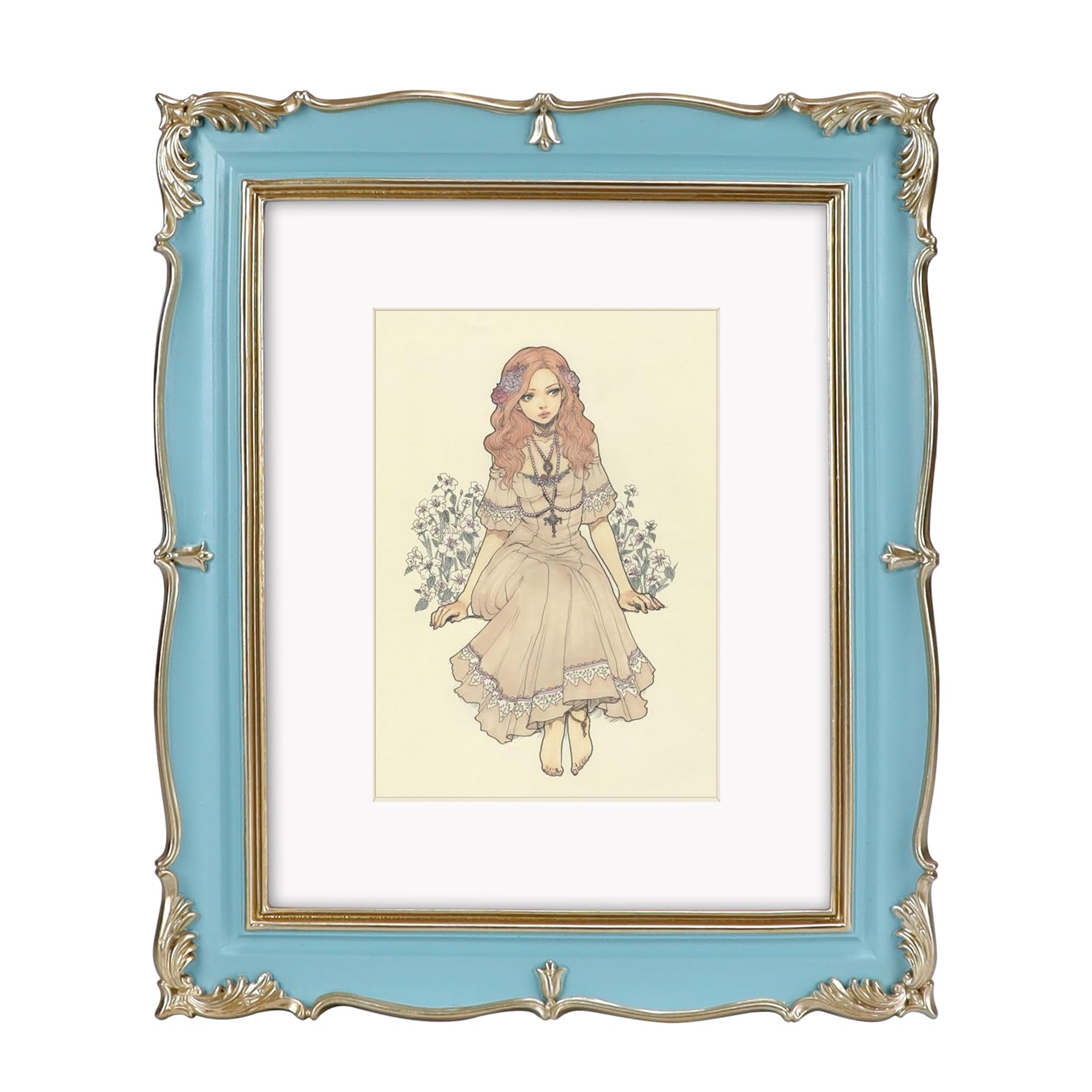 Cadre photo vintage orné bleu azur et moulures dorées de qualité supérieure