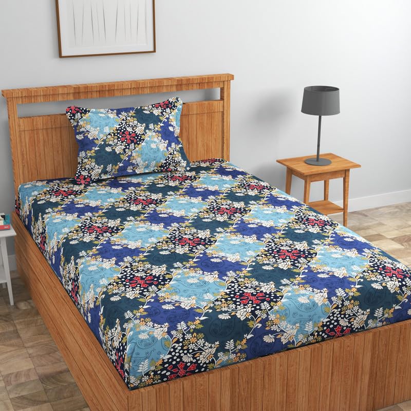 Image of NHD HOME Pure Cotton 180 to 220 tc Flat Single Bedsheets for Summer Breathable | Wrinklefree | Super Soft (Size-60 X 90 Inch) with 1 Pillow Covers (Size-17 X 27 Inches, Floral, Teal Blue)