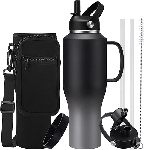 Miniatura 19 de Botella de agua de 32/40 onzas con estuche de transporte, botella aislada de acero inoxidable con tapa y pajita, taza térmica al vacío de doble