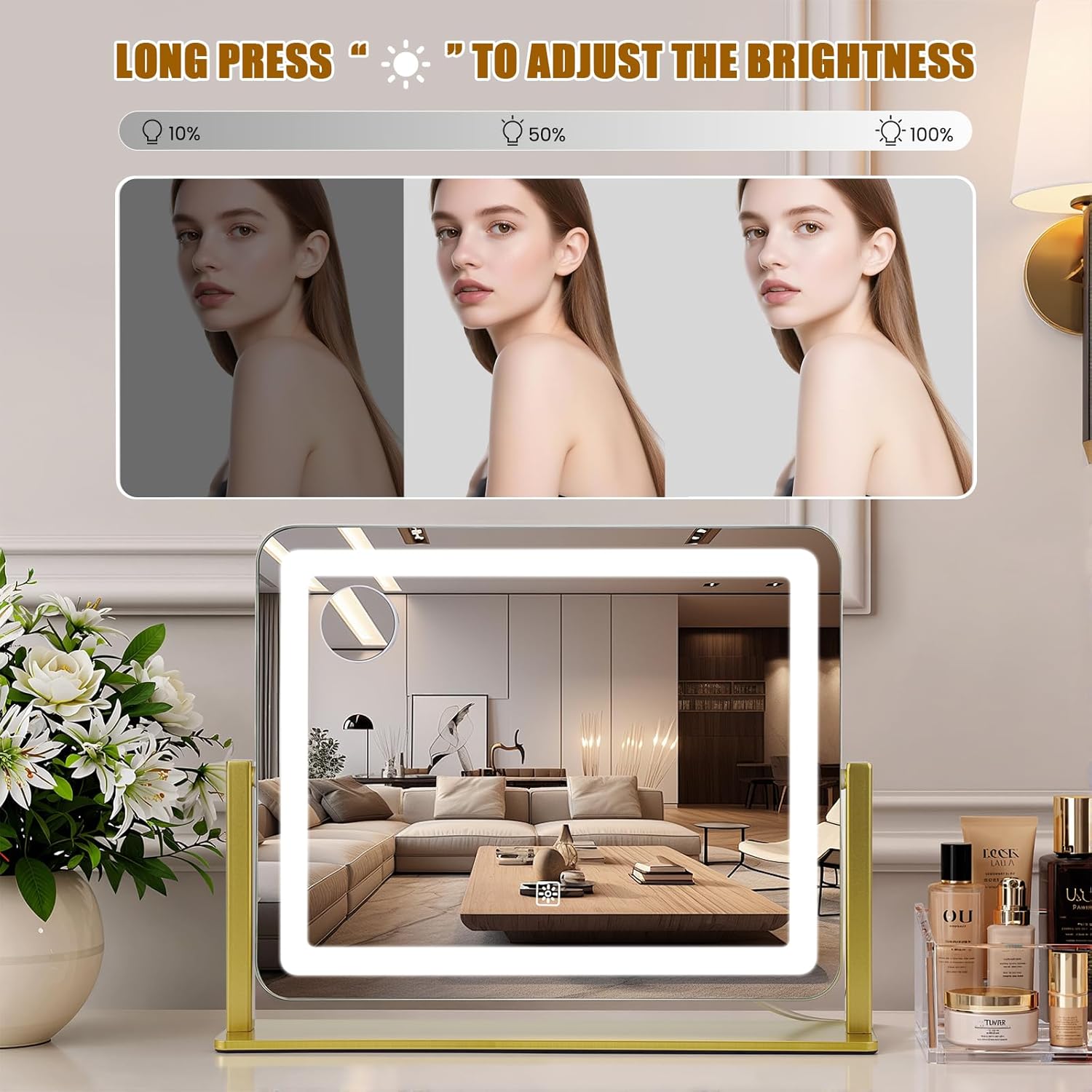 Vanity Mirror with Lights, 16"×12.4" LED Makeup Mirror, Rounded Frame, 10X Magnification, Smart Touch with 3-Color Lighting, Dimmable, 360° Rotation, Lighted Up for Makeup Desk, Bedroom (Gold)