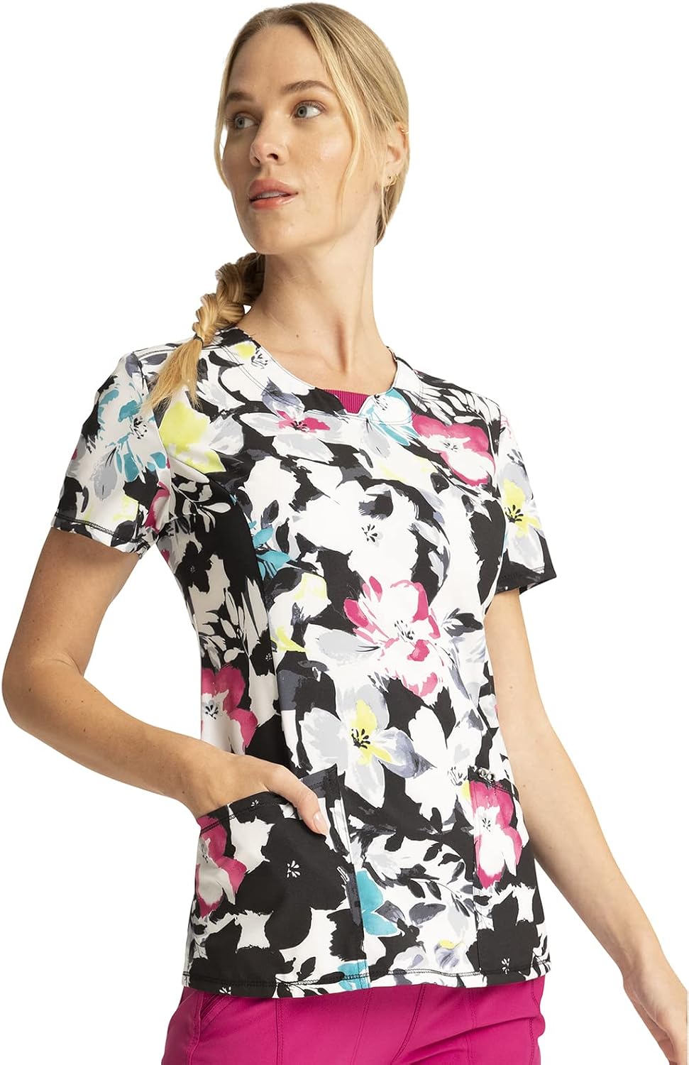 Cherokee Infinity Printed Scrub Tops for Women Round Neck, 3 Pockets, Rib-Knit Inset & Princess Seams - CK609