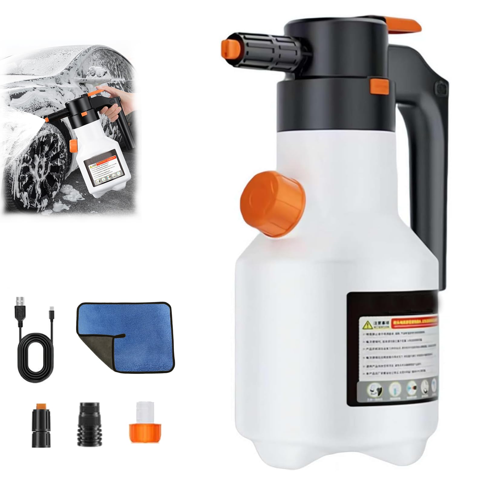 Elektrischer Schaumsprüher für Autowäsche - 2L Wiederaufladbarer Snow Foam Sprayer, Akku Schaumkanone & Pumpsprüher für Fahrzeugaufbereitung, Autopflege & Gartenbewässerung (A)
