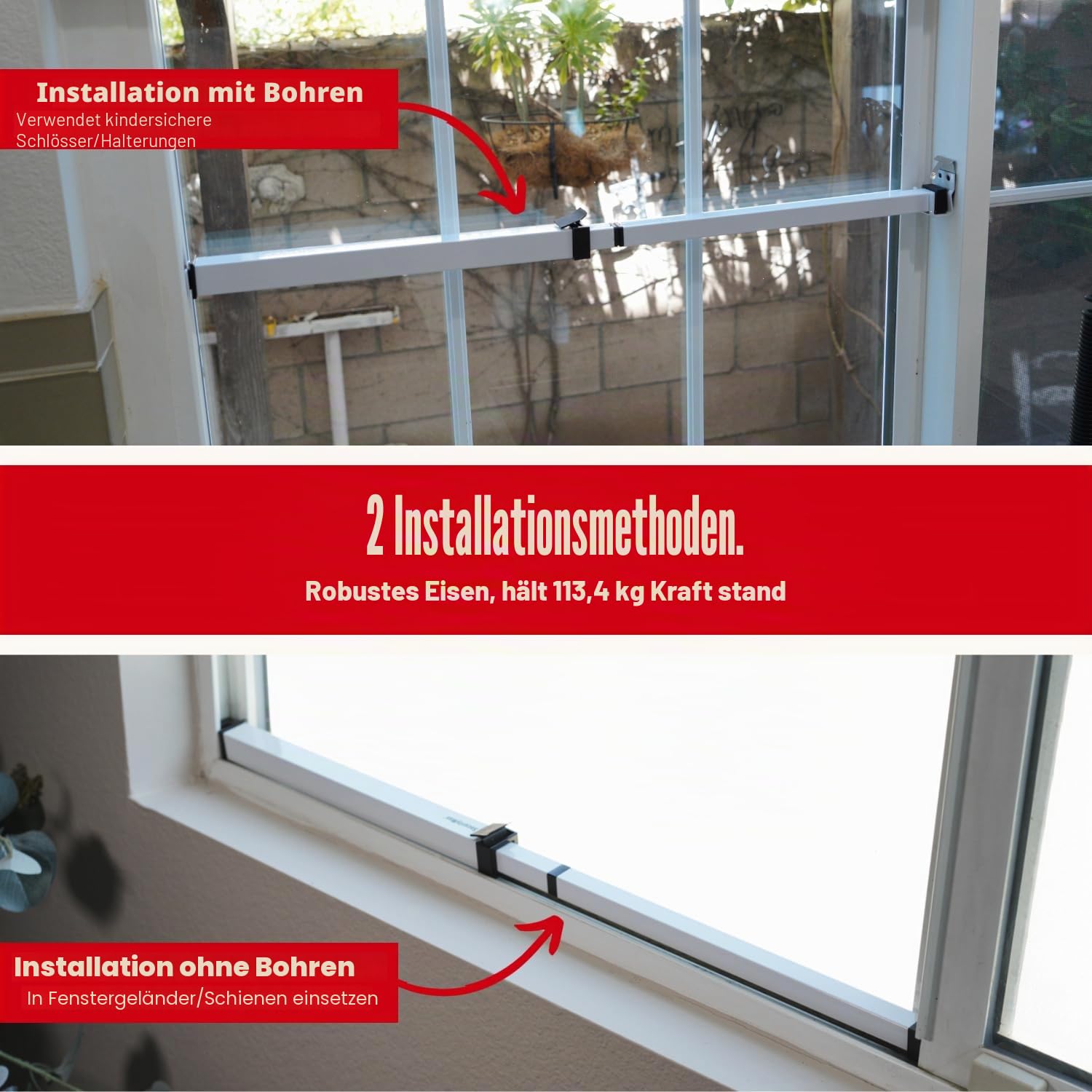 SecurityMan Fenster-Sicherheitsstange – einfache Installation für horizontale/vertikale Fenster – verstellbare Fenstersicherung (kindersicheres/robustes Eisen) – ausziehbar (36,2 cm bis 94 cm)