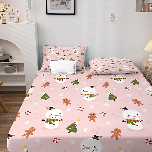 Miniatura 2 de Sábanas de Navidad tamaño Queen, juego de sábanas de muñeco de nieve con estampado de hombre de jengibre de 4 piezas, sábana bajera ajustable de