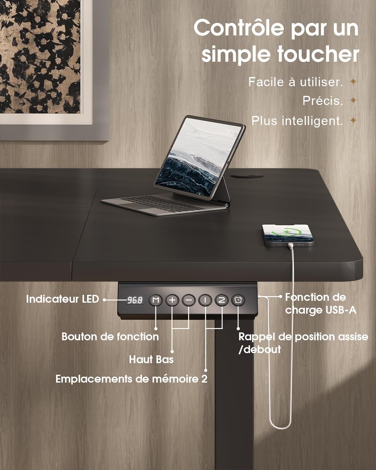 Image showing the integrated fabric drawer and headphone hook on the Devoko standing desk.