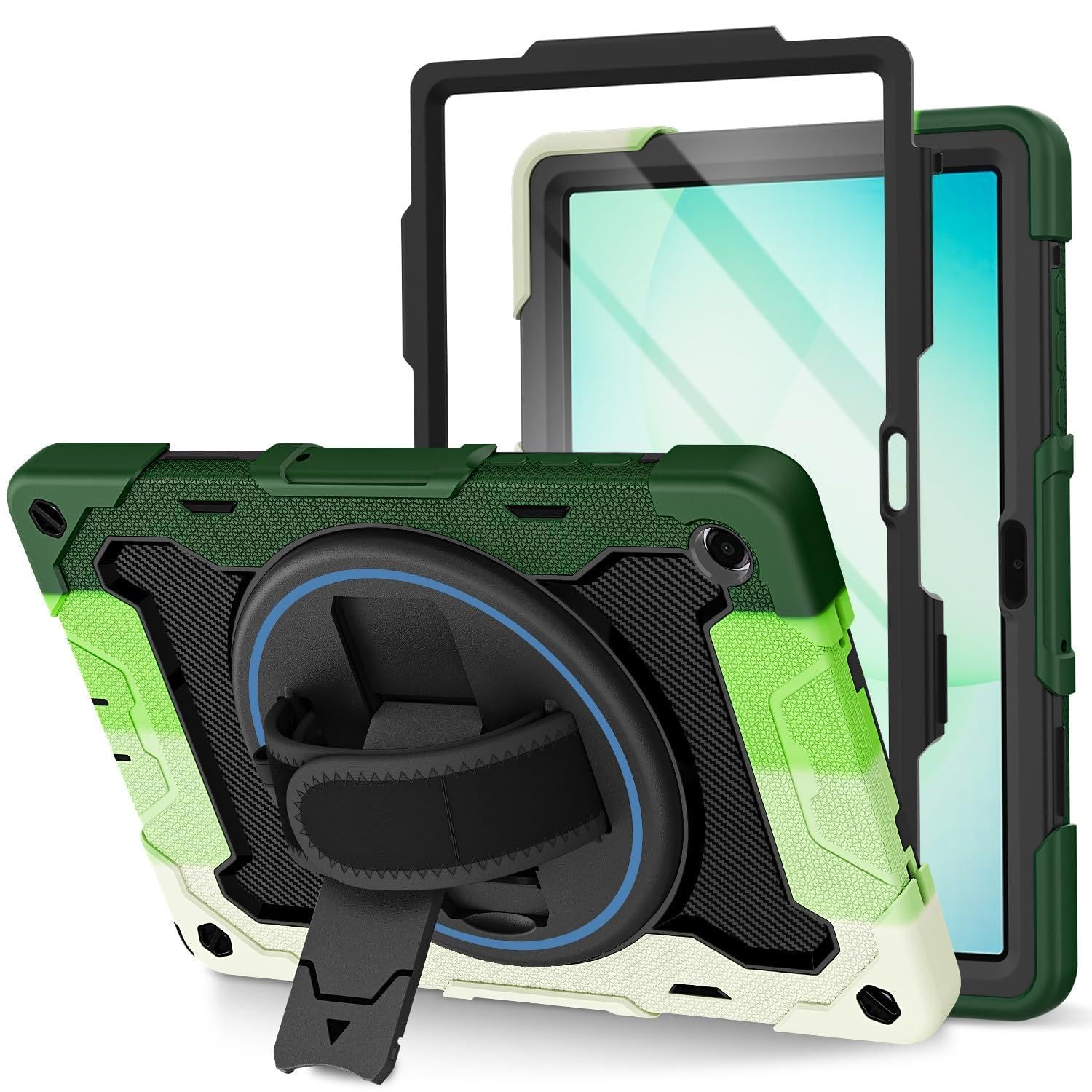 ROSROME für Samsung Galaxy Tab A11 Plus/A9 Plus 11 Zoll 2025/2023 mit HD Displayschutz, 360 Drehbarer Ständer/Schultergurt/Handschlaufe, Heavy Duty Stoßfeste Kinder Hülle mit Stifthalter,Grün