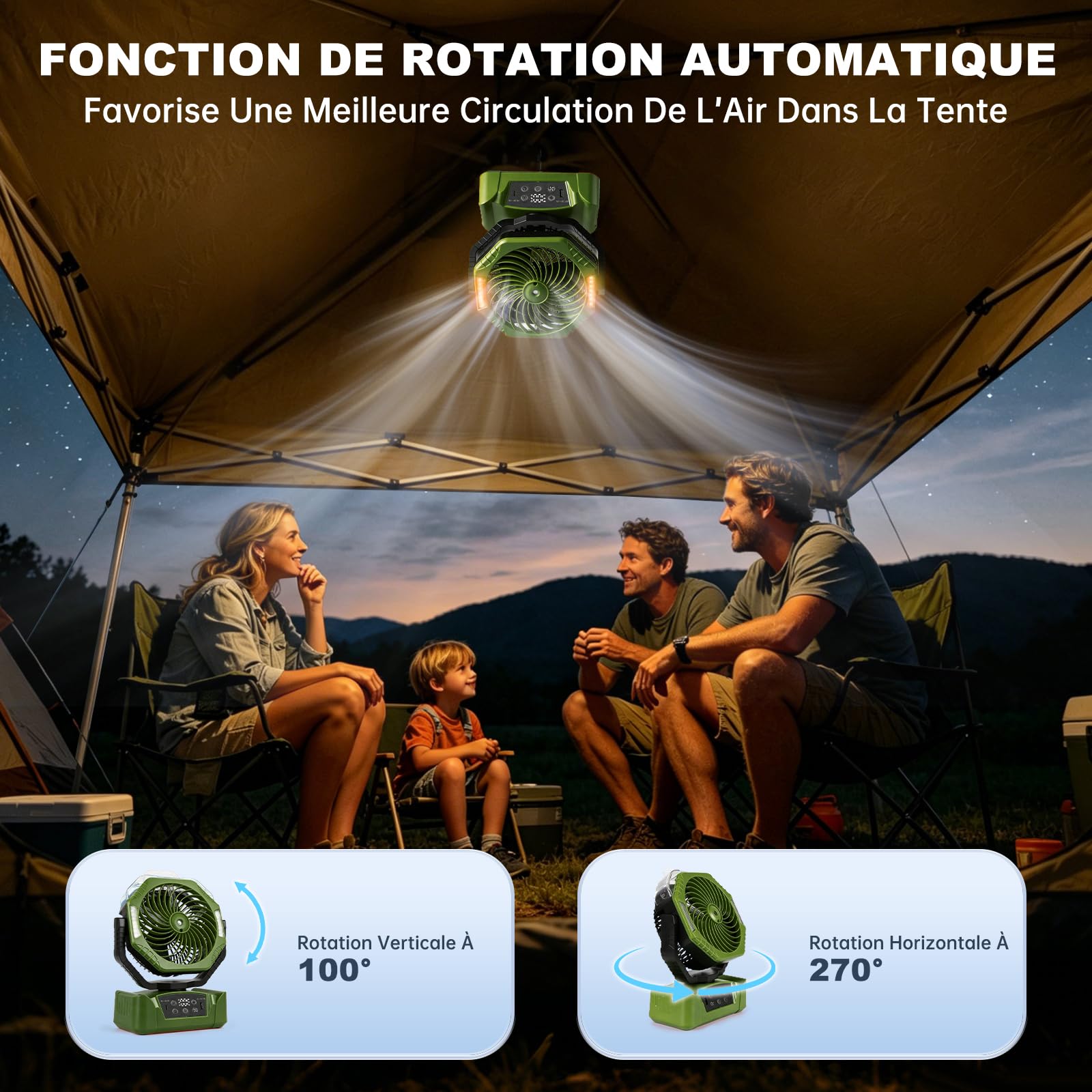 JONRRYIN Ventilateur Camping, Ventilateur Batterie Rechargeable 20000mAh avec Brumisateur, Ventilateur Portable Silencieux avec Lumière, 6 Vitesses & Rotation 270° pour Outdoor & Maison (Vert)