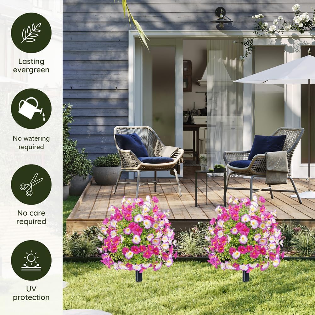 Artificial Boxwood Topiary Balls with Morning Glory Flowers, 22" UV Resistant Outdoor Faux Shrub Bushes with Stakes, Realistic Fake Plants for Garden Yard Porch Patio Decor (Pink+Purple White)