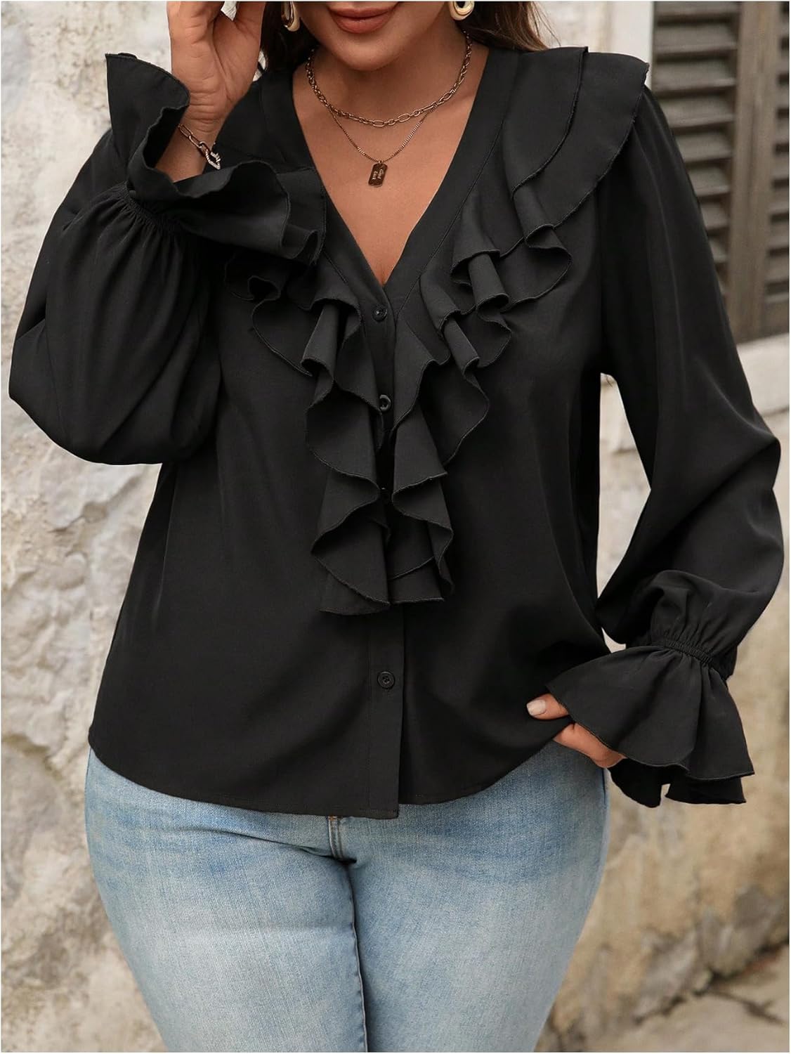 WDIRARA Women's Plus Size Ruffle V Neck Long Sleeve Blouse Dressy Office Top - Image 6