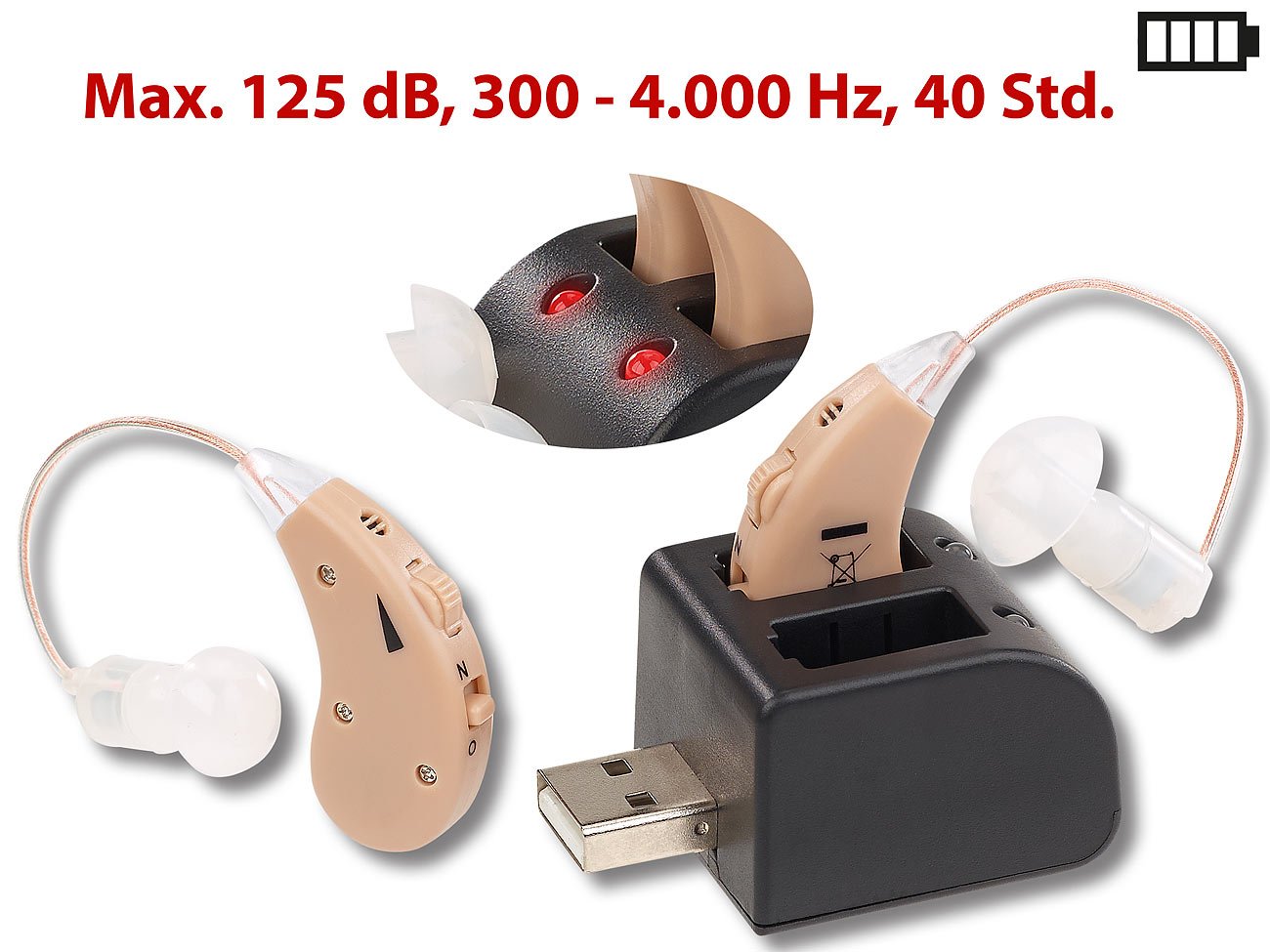 Newgen Medicals Hörverstärker für Senioren: HDO-Hörverstärker-Paar HV-340 mit Ex-Hörer; Akku & USB-Ladeschale (Hörgeräte mit Akku, Ohrhörverstärker, Hör)