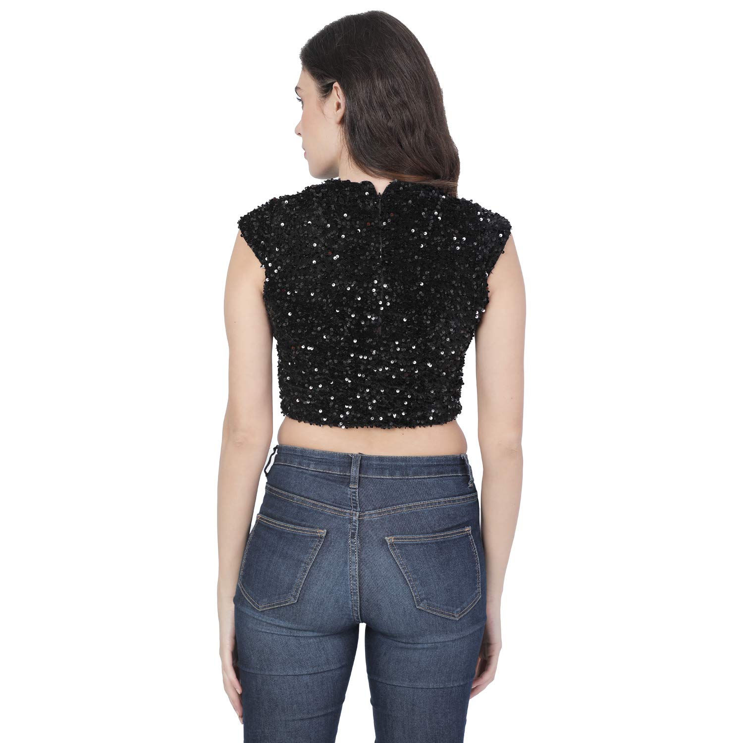 Matelco Women's Embellished Sequins Bustier Top/Crop Top with Back Zip (X-Small, Black) - Image 2 thumbnail