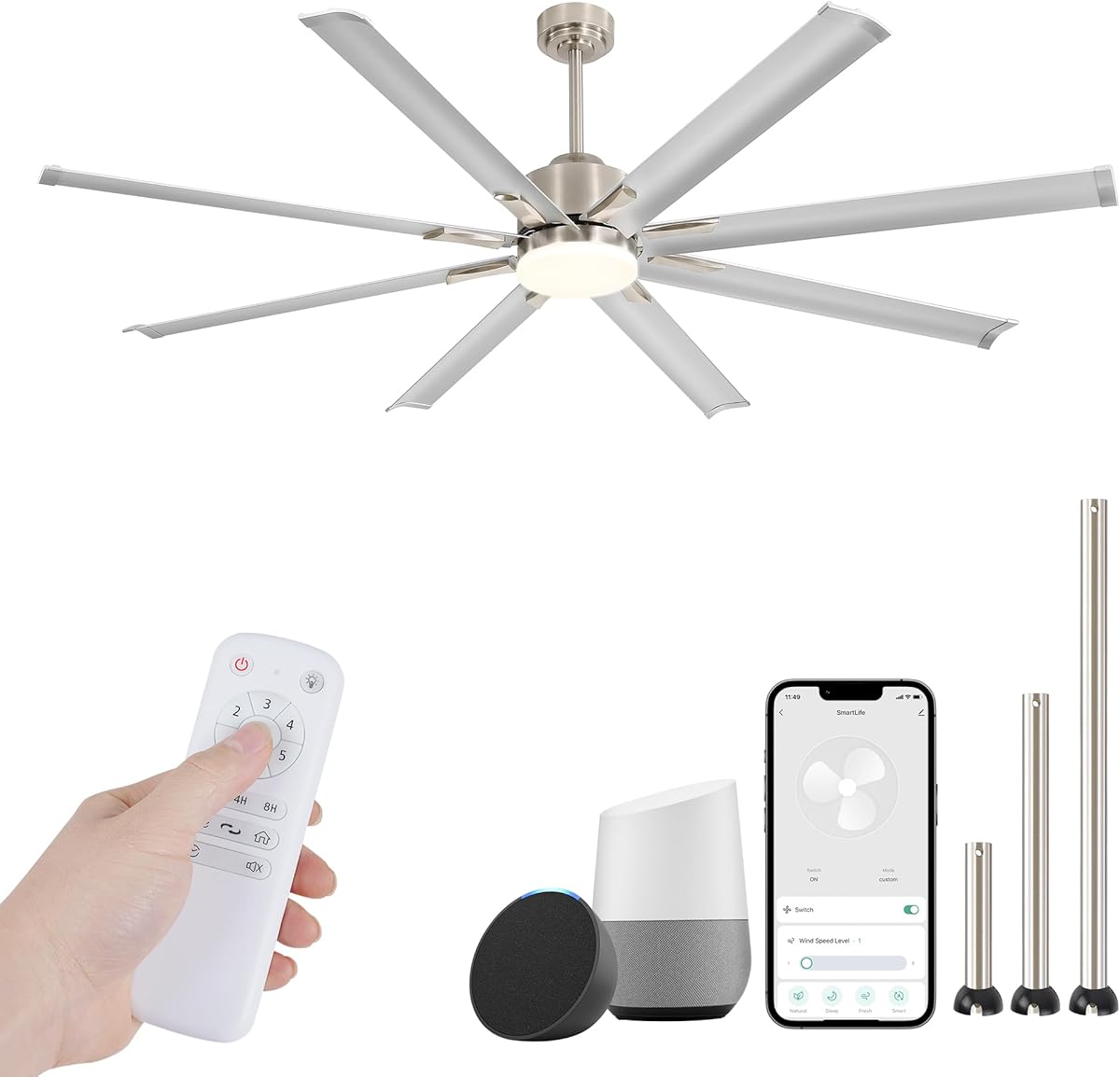 ZMISHIBO 72 inch Smart Aluminium Blade Ceiling Fans with Lights and Remote, Outdoor Large Ceiling Fans with Remote/Alexa/App for Patio Living Room, Nickel Ceiling Fan, 8 Blades