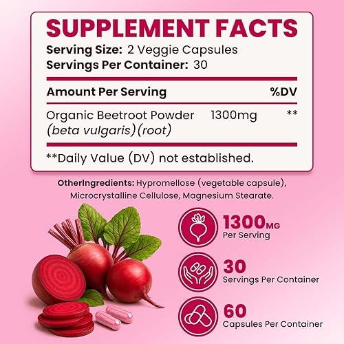Miniatura 7 de Cápsulas de remolacha  Suplemento de polvo de raíz de remolacha sin OMG de 1300 mg  60 cápsulas veganas para energía natural, flujo sanguíneo y