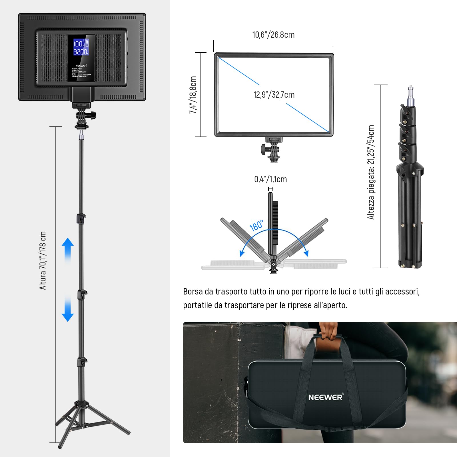 NEEWER Kit d'Illuminazione LED Con 178cm Cavalletto, 2pz 384 Morbida, Batteria a Litio Incorporata, 3200-5600K CRI97+ Ultra Sottile On-camera per YouTube Fotografia Video