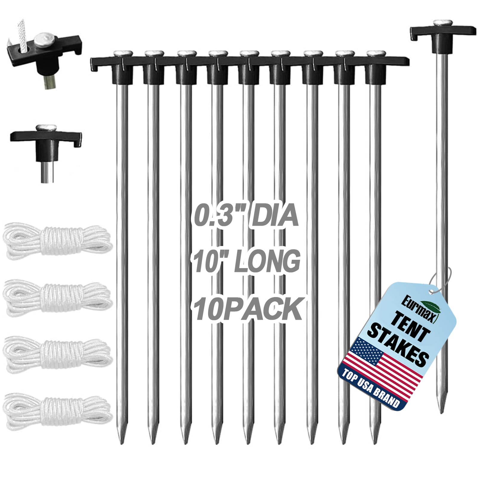 Eurmax USA 10-Pack Secure Protection Galvanized Tent Stakes,Rust-Proof Steel Canopy Anchors for High Winds,Heavy Duty Commercial Ground Pegs for Camping,Pop Up Tents&amp;Gazebos - Includes 4x10ft Ropes