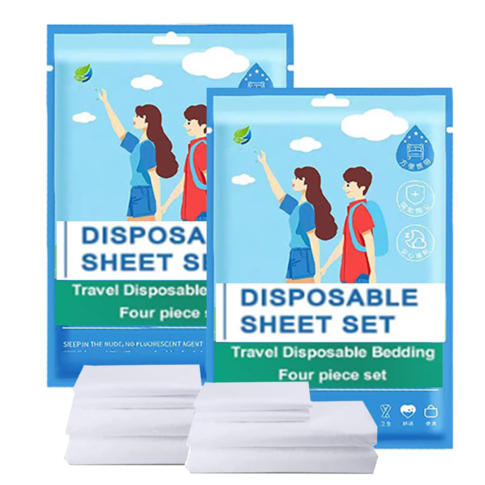 2 Pack Disposable Sheets for Travel, Disposable Bed Sheets for Hotel, Portable Bedspread, Bedding Set with 2 Bed Sheet 2 Quilt Cover and 4 Pillowcase for Travel