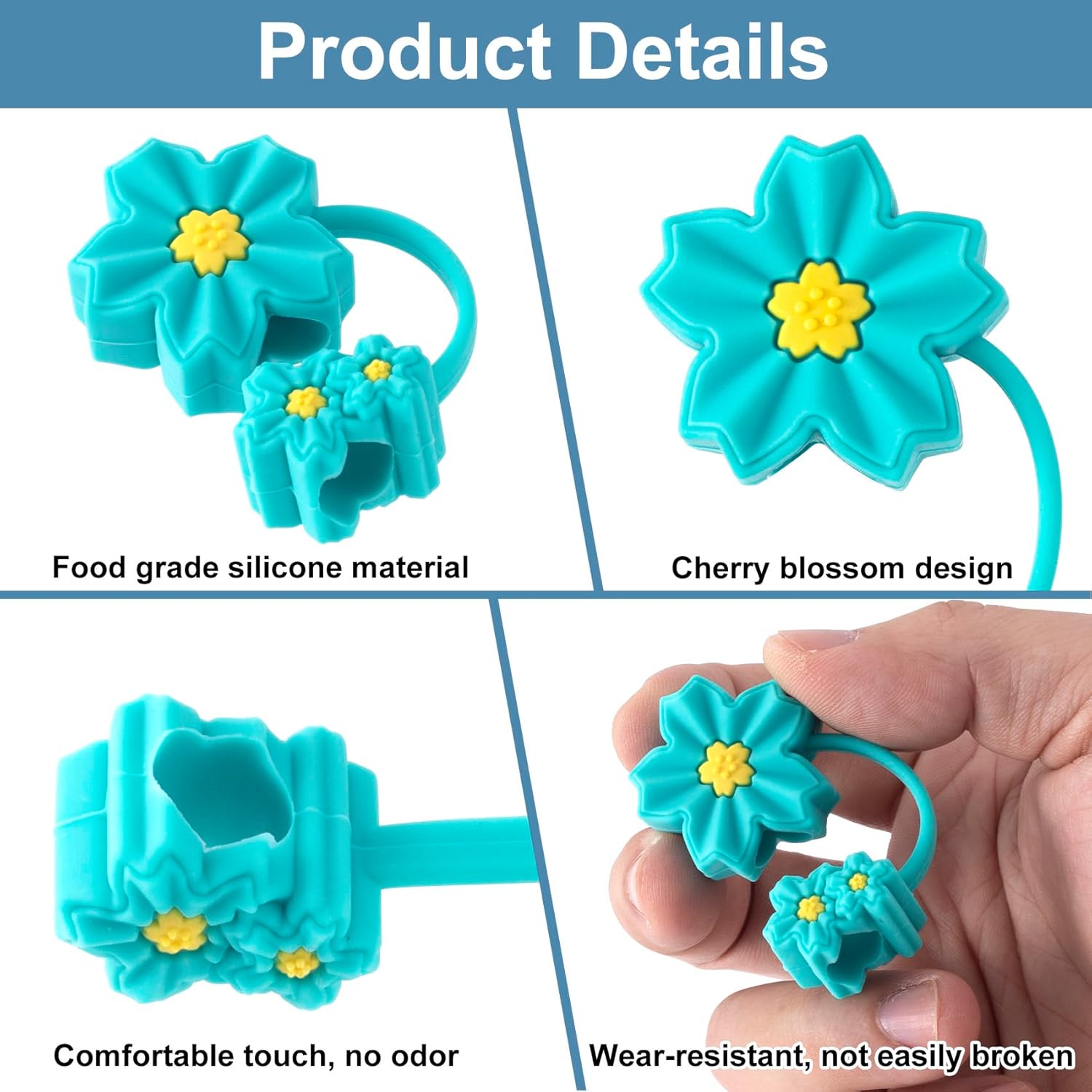 2pcs 10mm Teal Flower Straw Toppers, Cute Cherry Silicone Covers Reusable for Stanley 30/40 oz Tumbler Drinking Cups, Accessories for Rave Halloween Christmas - Image 3