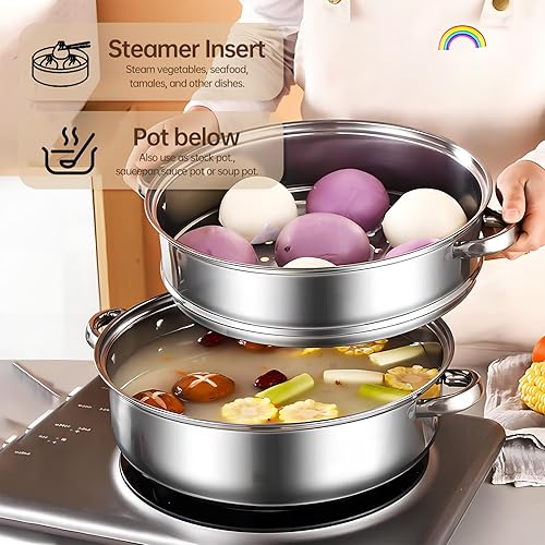 Miniatura 3 de Olla de vapor de acero inoxidable de 3 niveles con tapa, ollas de vapor multiusos para cocinar, juego de vapor de verduras y albóndigas con asas