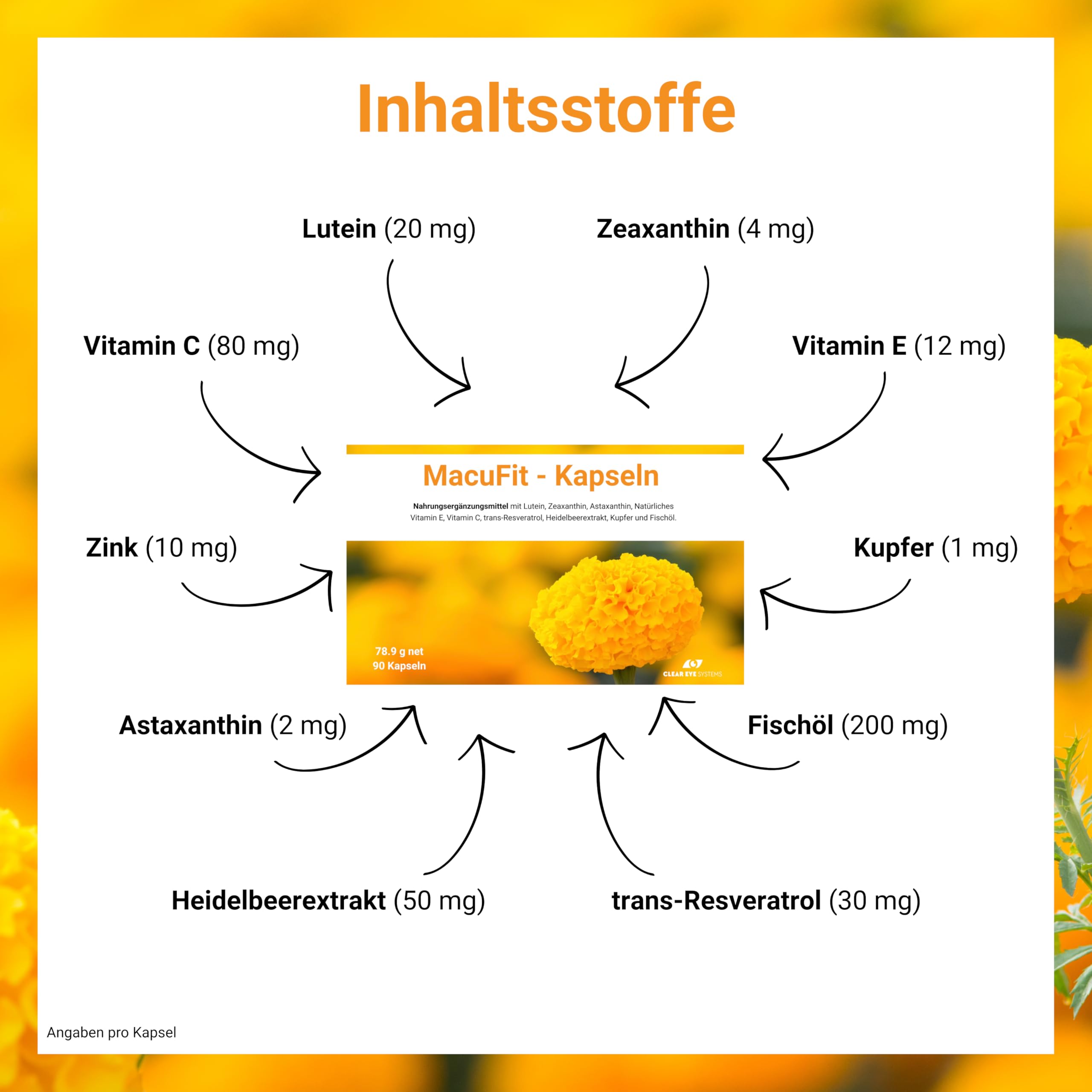 Kapseln | mit Lutein, Zeaxanthin, Astaxanthin, Vitamin E und C, Zink und Kupfer, Heidelbeerextrakt, Trans-Resveratrol und Omega-3-Fettsäuren
