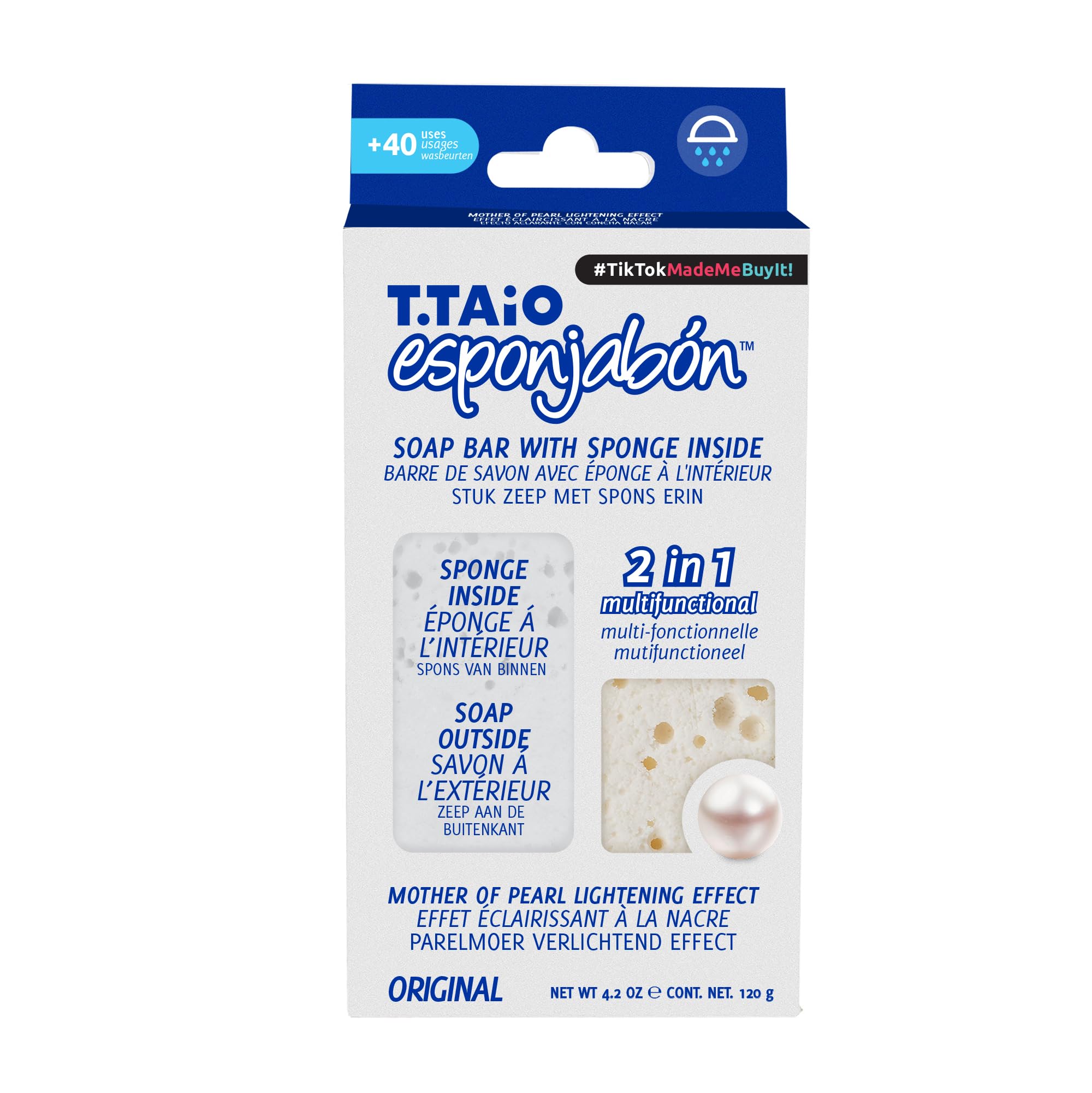 T. Taio Esponjabon Soap Sponge - Gentle Shower Scrubber - Cleaning Bath Wash Scrub - Dirt & Oil Removal - Massage & Lather Foot, Elbow, & Face Bathroom Accessories (Mother of Pearl)