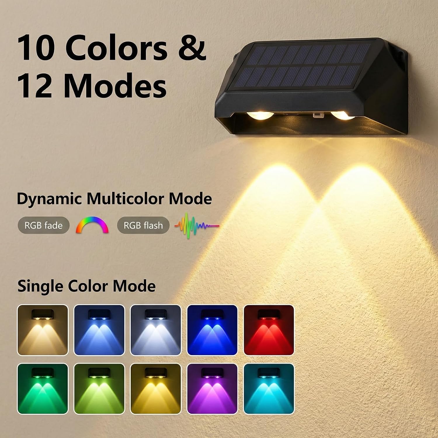 2 Pack Solar Fence Lights - Fairy Butterfly Pattern, Warm White + 10 RGB Colors, IP65 Waterproof Dusk to Dawn LED Wall Lights for Deck/Pool/Railing/Step/Patio/Backyard(Multicolored) image 3