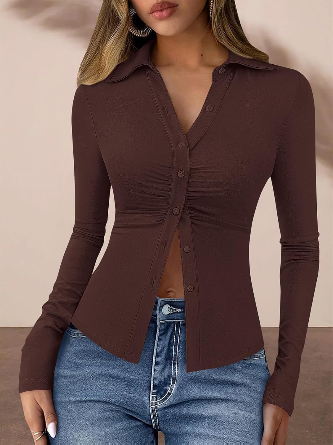 PRETTYGARDEN Womens Button Down Shirts V Neck Collared Ruched Slim Fit Long Sleeve Shirt Casual Spring Fashion Ladies Tops - Image 5