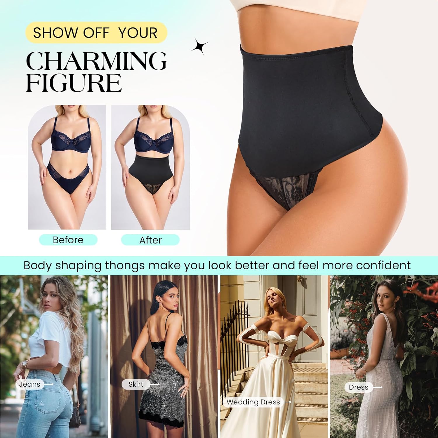 Tummy Control Thong Shapewear Body Shaper Underwear Mid High Waist Slimming Panties Shaping Lace Girdle Panty for Women Black - Image 4