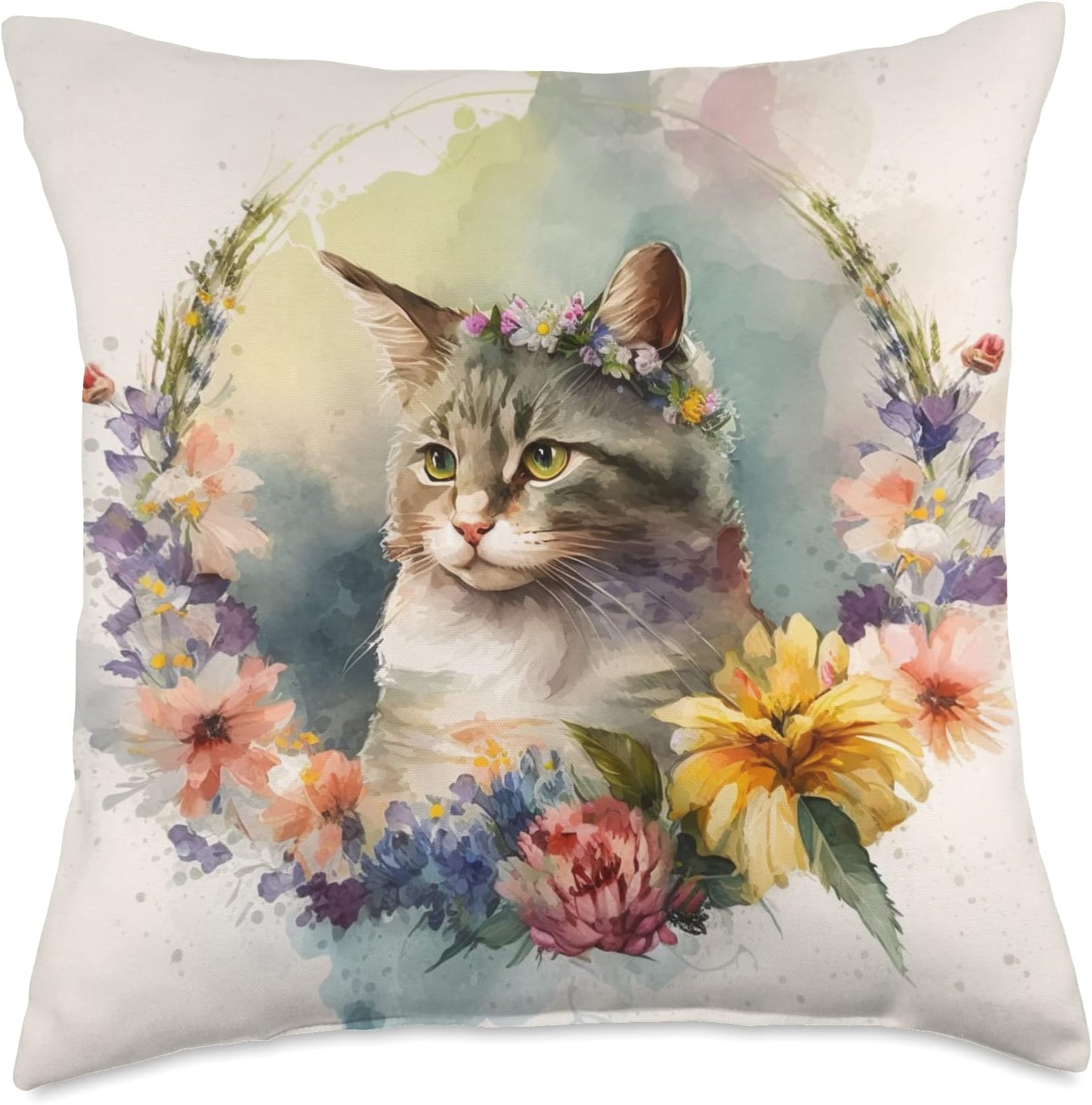 Floral Hippie Cat Art Dreamy Indie Watercolor Aesthetic Throw Pillow, 18x18, Multicolor
