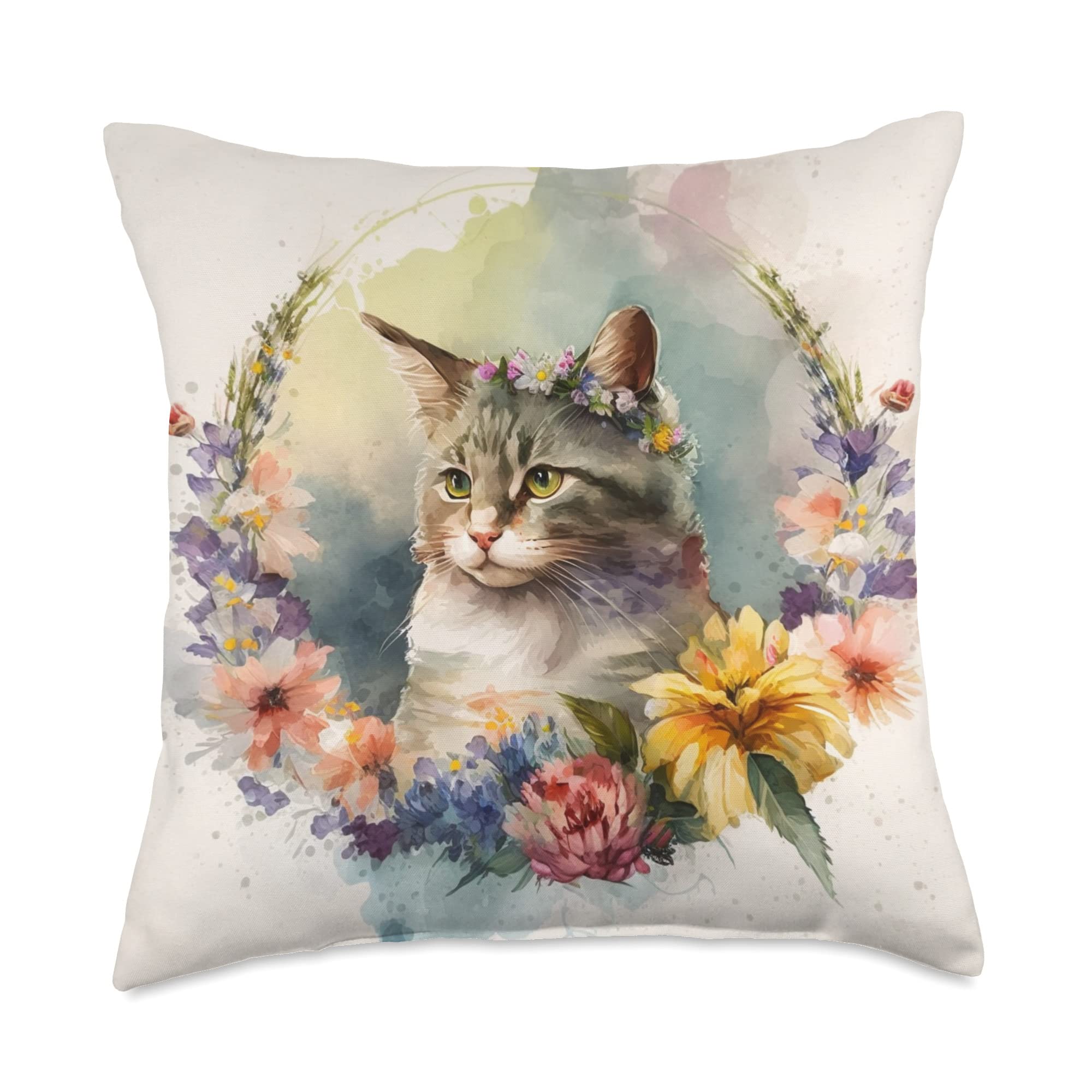 Floral Hippie Cat Art Dreamy Indie Watercolor Aesthetic Throw Pillow, 18x18, Multicolor