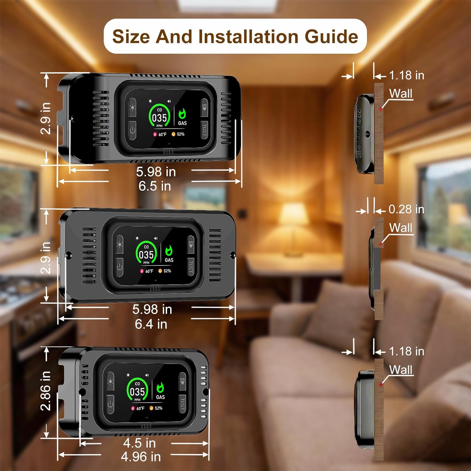 4 in 1 RV Carbon Monoxide Detector and Propane Gas Alarm, LP/CO Detector with HD Screen Display, Hardwired Natural Gas Leak Detector 12V DC, CO Alarm for RV Travel Trailer, Truck Camper (Black)
