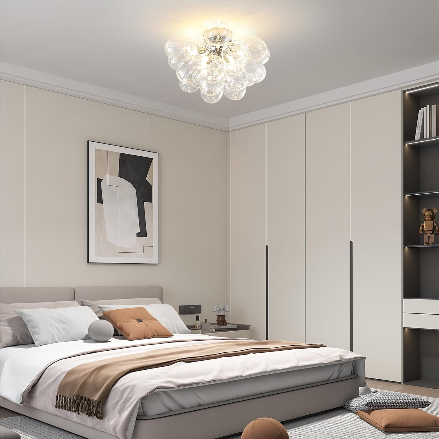 8-Light Chrome Flush Mount Ceiling Light, 16" Glass Bubble Ball Chandelier with 21 Clear Balls, Modern Globe Dining Room Light Fixture for Bedroom, Living Room, Hallway, Entry, Bathroom