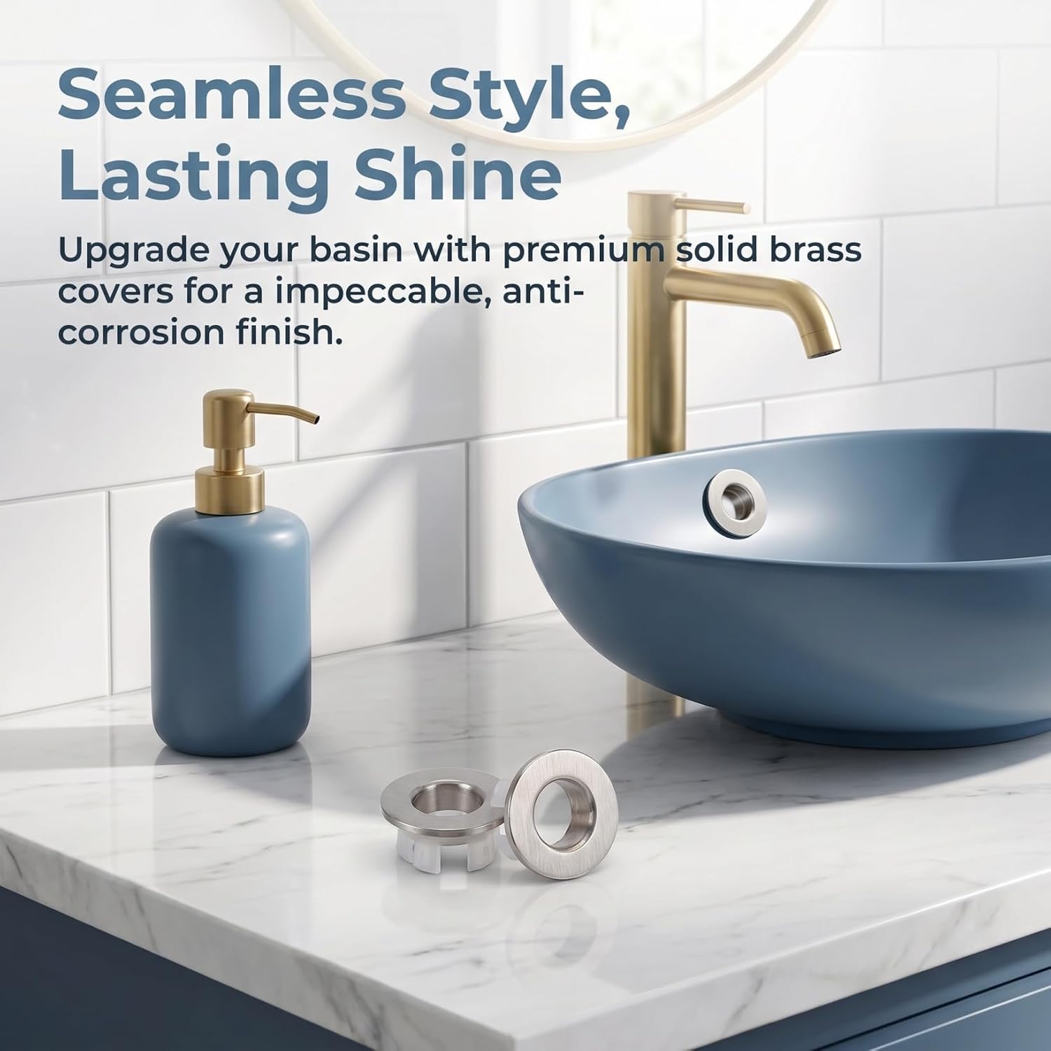4 Pcs Brushed Nickel Sink Overflow Cover | Bathroom Basin Trim Ring, Decorative Vanity Washbasin Hole Insert Drain Cap, Fits Standard 22-24mm (0.86"-0.94") Holes