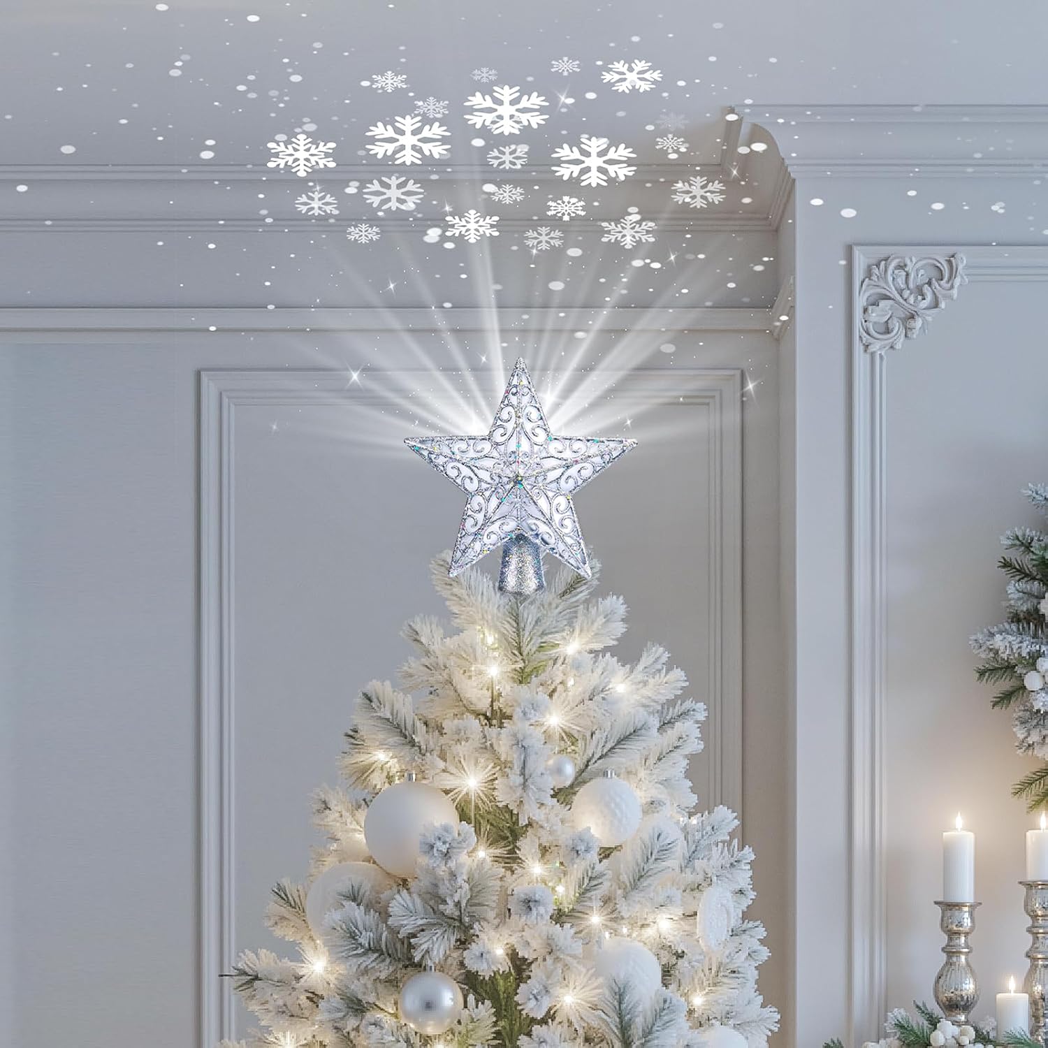 Christmas Star Tree Topper with Snowflake Projector Xmas Decoration Silver