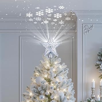 Christmas Star Tree Topper with Snowflake Projector Xmas Decoration Silver
