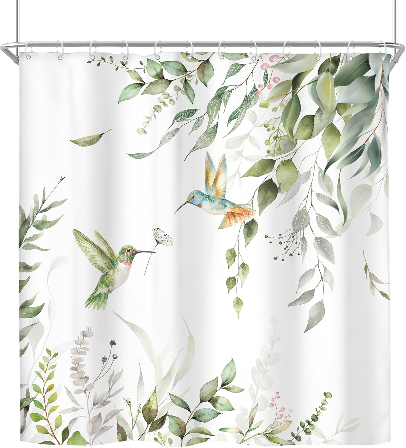 Riyidecor Extra Long Sage Green Eucalyptus Shower Curtain Spring Botanical Leaves Hummingbird Plant Bird Aesthetic 72Wx84H Inch Girls Women Fabric Decor Bathroom Polyester Waterproof 12 Pack Hooks