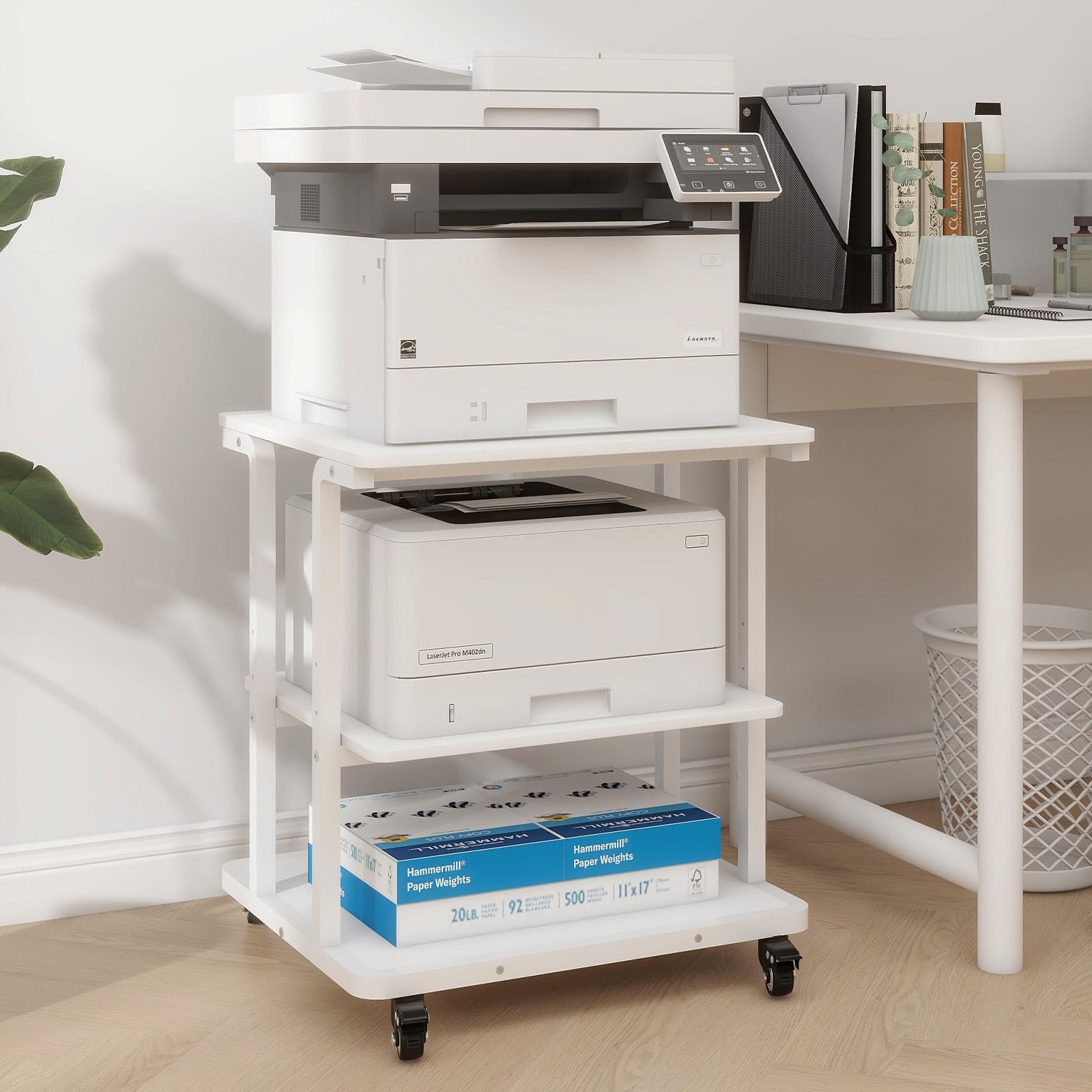 PUNCIA Supporto per Stampante a 3 Livelli Mobile Comodini 60x50x68CM Carrello Porta Tavolino di Stoccaggio con Ruote Scaffale Porta Stampante Sotto Scrivania in Legno per Ufficio e Casa (Bianco)