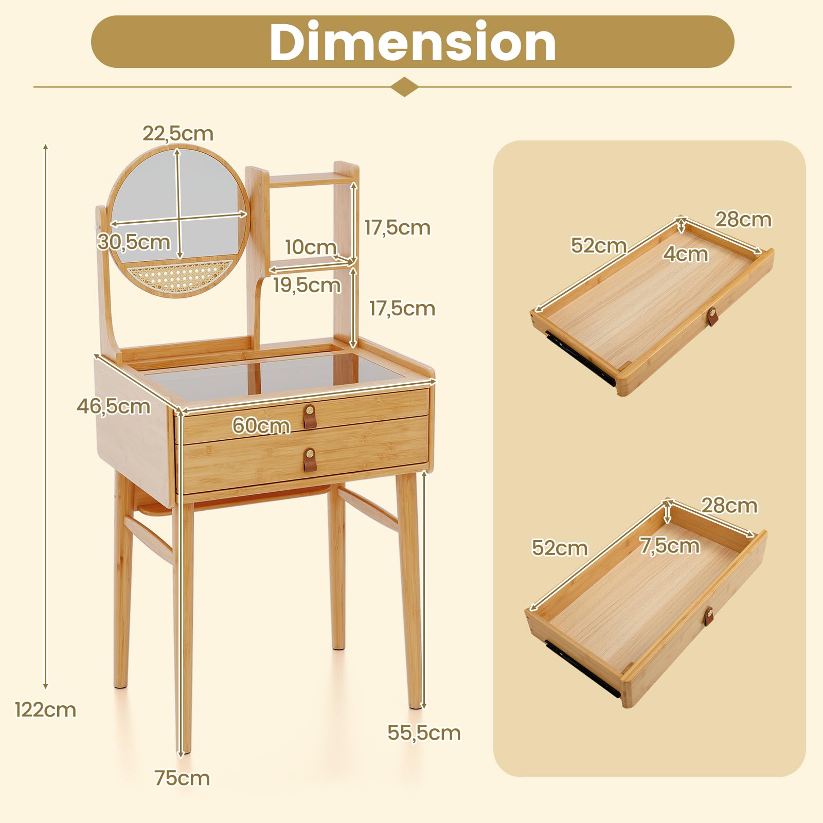 Coiffeuse Bambou Compacte Avec Miroir - 2 Tiroirs, étagères, Plateau Verre - 60x46,5x122 Cm - Idéale Petits Espaces