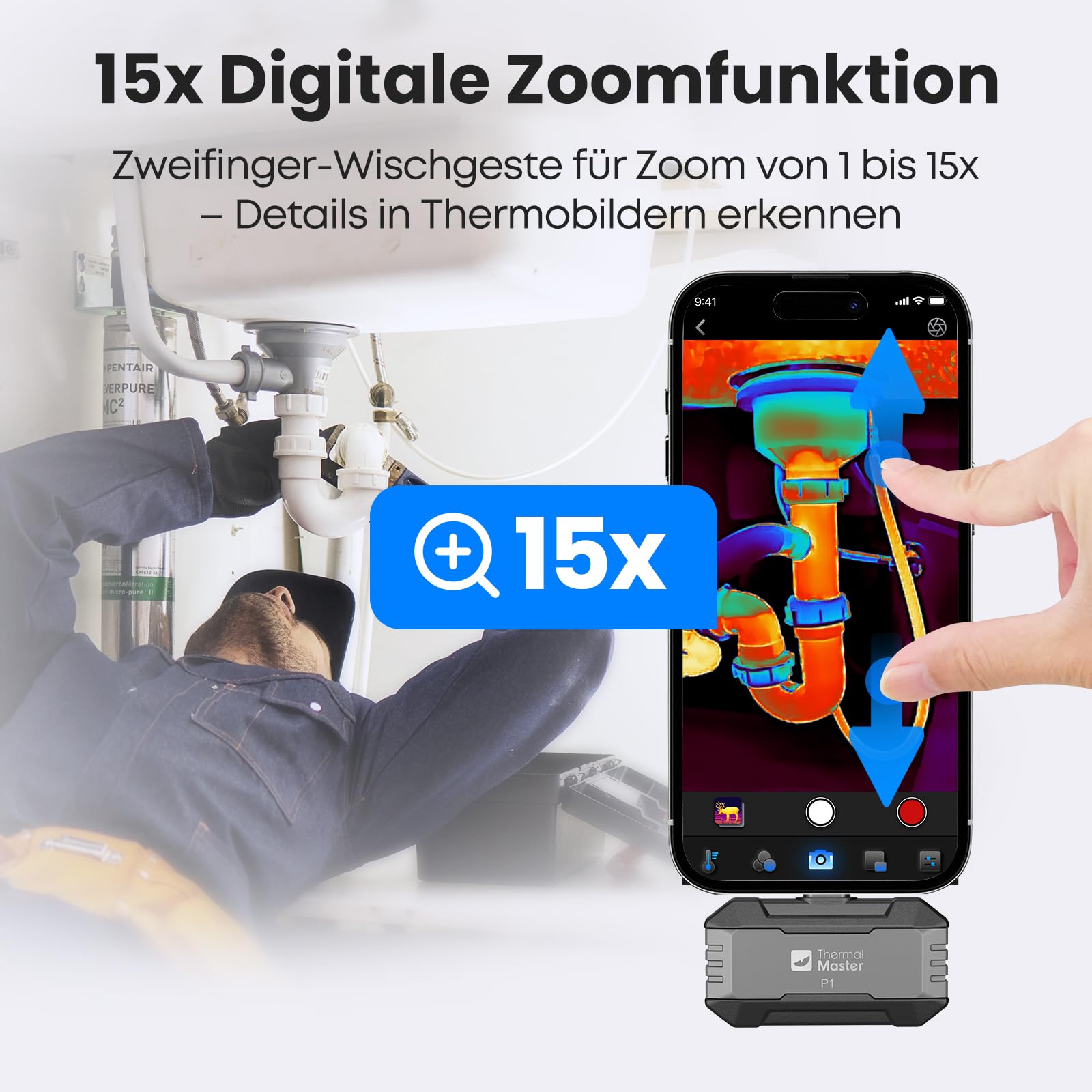 Thermal Master P1 Wärmebildkamera für iPhone 15/16 & Android (USB-C) | 320x240 X³ IR-Auflösung | -20°C bis 600°C | 15x Zoom Infrarotkamera für Hausinspektion, HVAC, Bau & Elektro