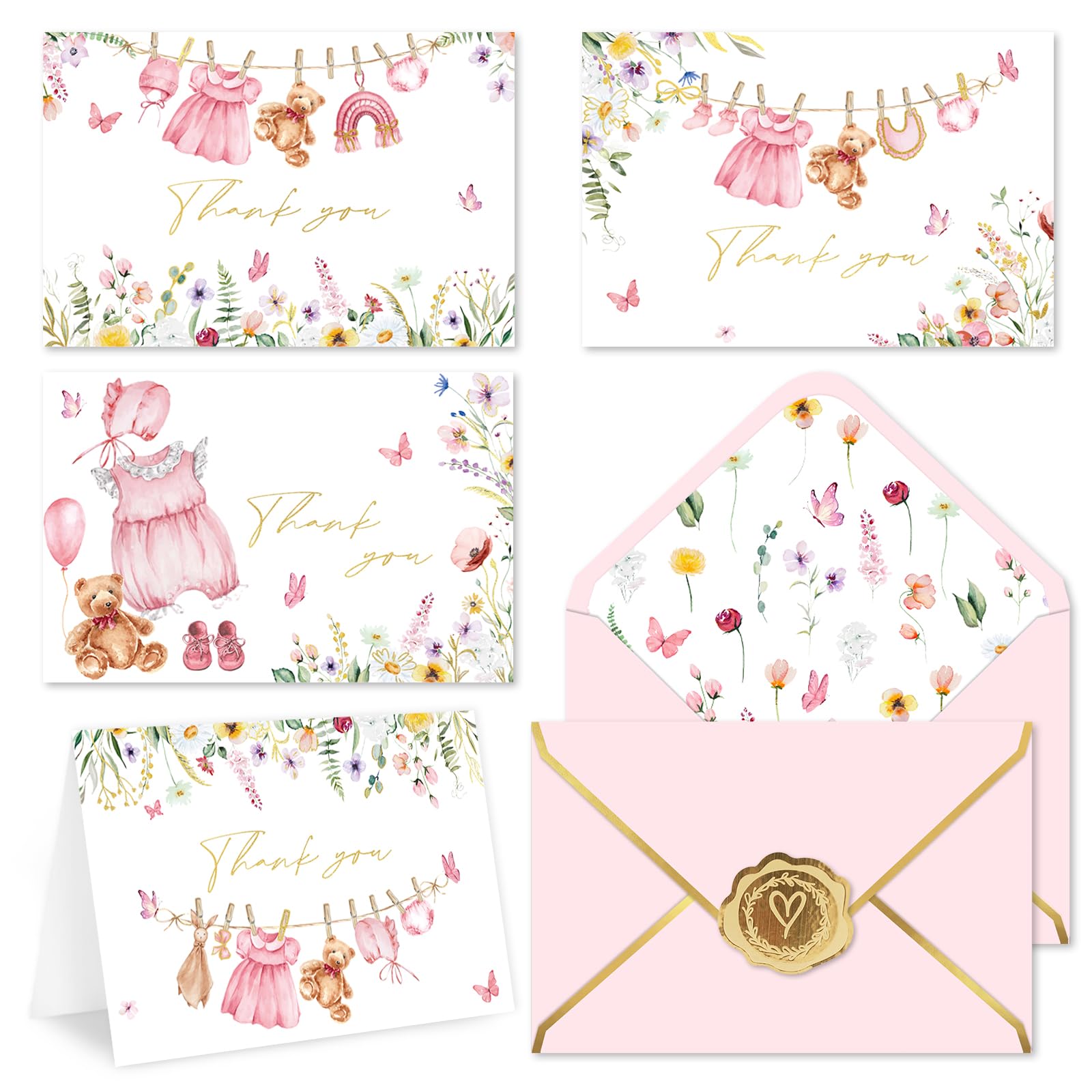 FYSUIMU 32 Pack Baby Shower Thank You Card Floral Pink Clothes Gold Foil Greeting Card Pink Wildflower Blank Note Card with Envelope Sticker for