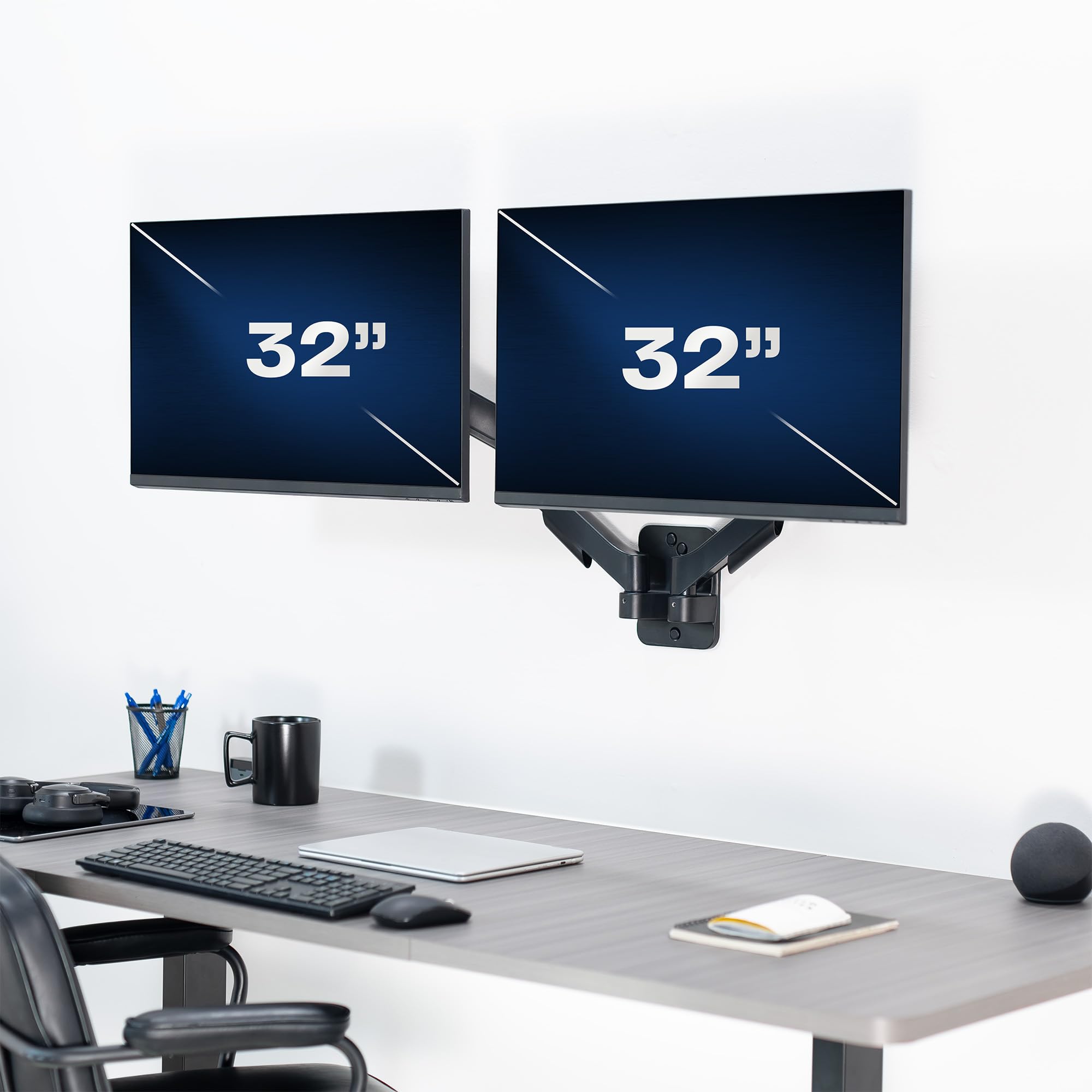 VIVO Supporto da parete per doppio monitor regolabile in altezza con braccio esteso, movimento completo, articolato, adatto a 2 schermi da 17 a 27", nero, MOUNT-V002G