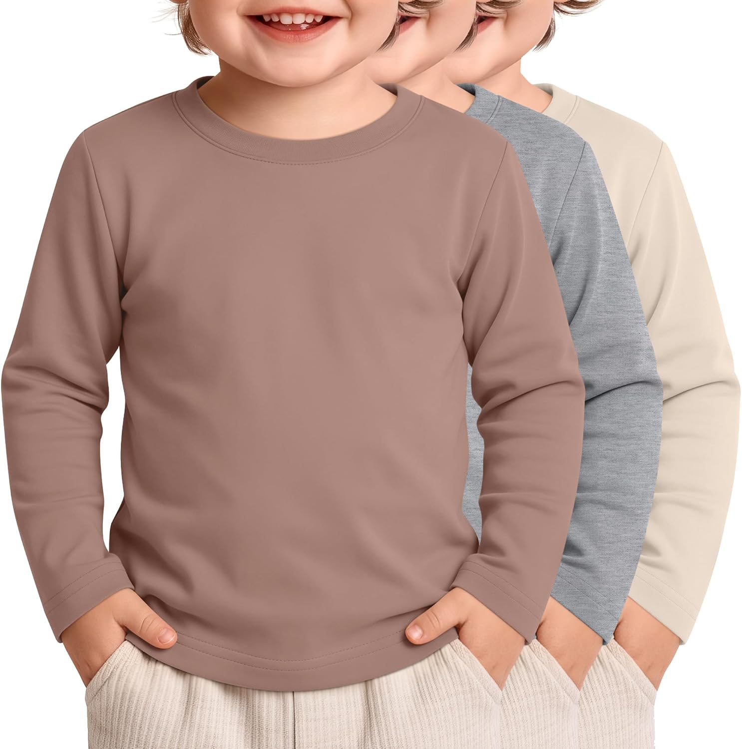 3 Pack Toddler Boys' Long Sleeve Shirts 100% Cotton Crewneck Tops Baby Boys Basic Casual Soild Tees for 18 M-5 T