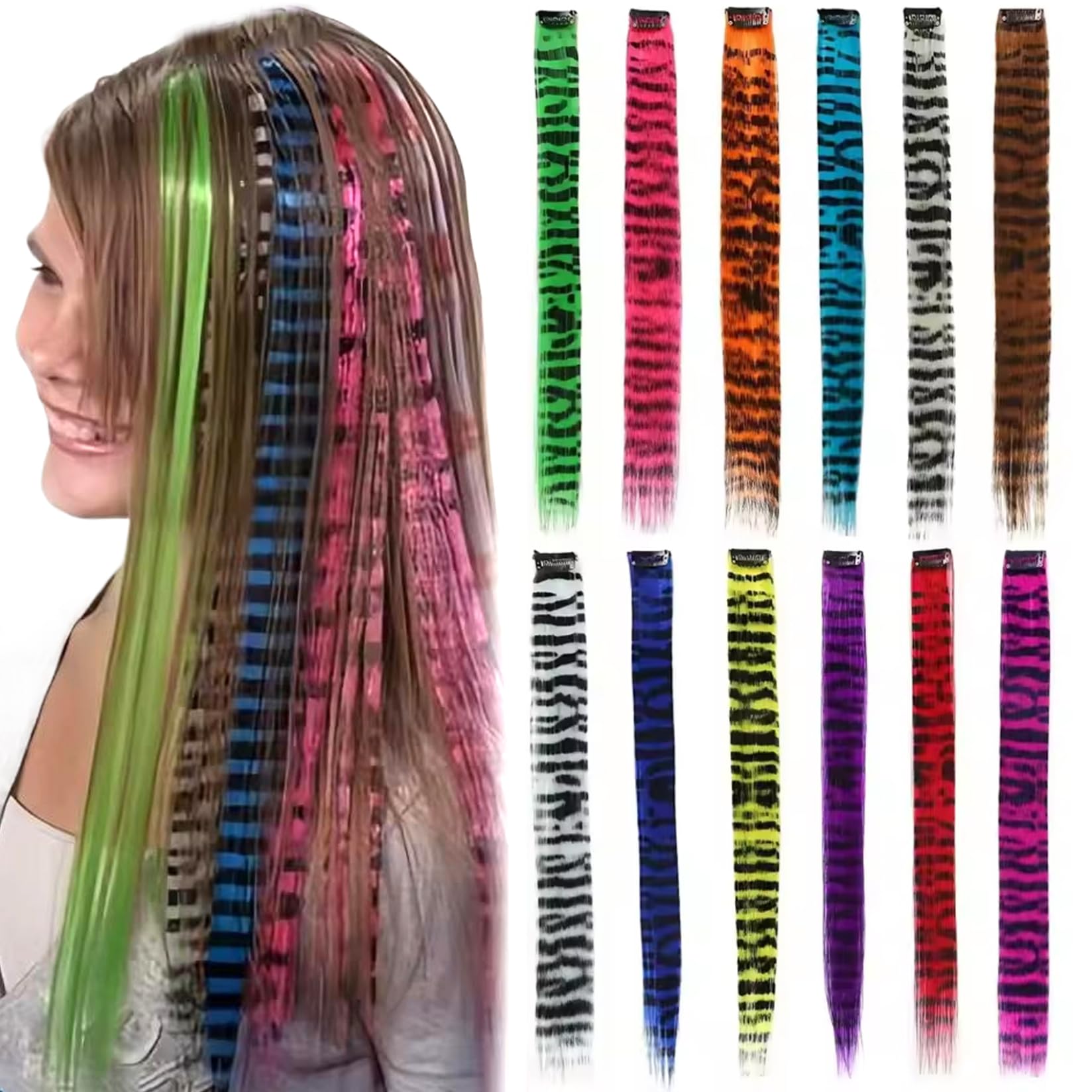 Raccoon Tail Hair Extensions 12PCS 18 Inch Stripe Printed Wigs