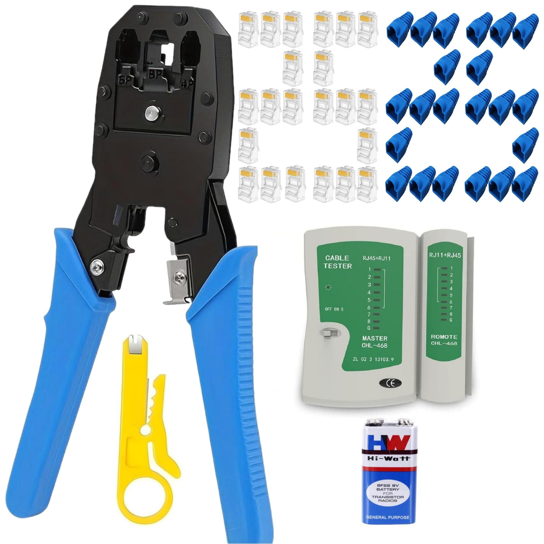 CP-Tech Rj45 Rj11 Crimping Tool Kit For Cat5e/cat6 With Network Cable Tester, 25PCS Connector With Cap and Lan Cable Stripper (Combo-6)-image-11
